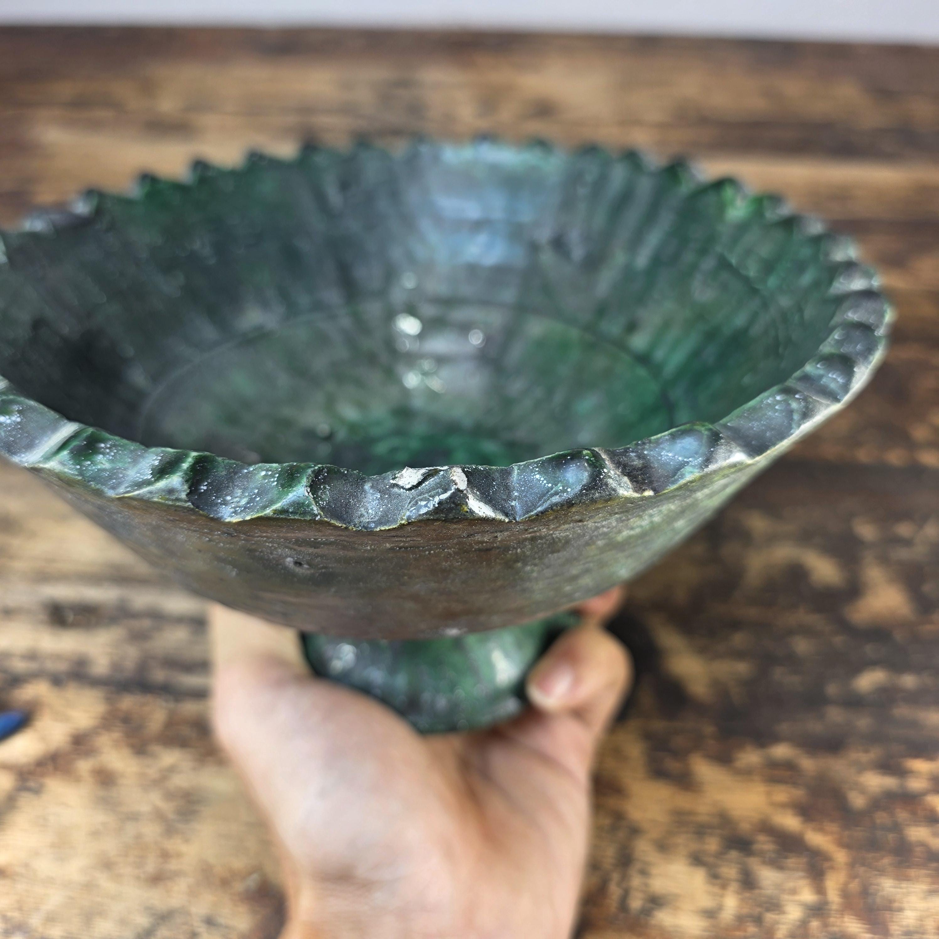 Tamegroute Green Pedestal Bowl with 15 African Soapstone Rhino Figurines