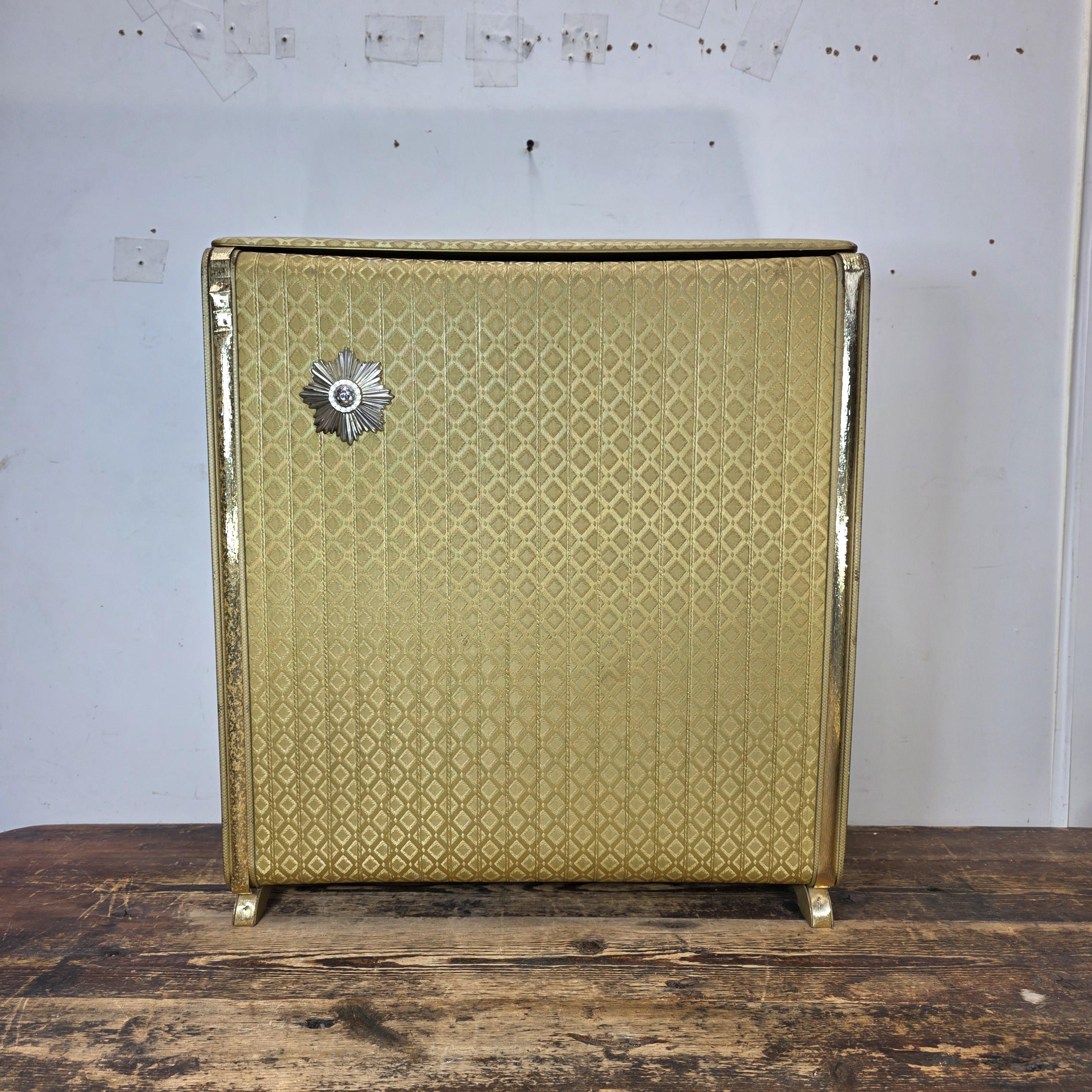 Vintage Pearl-Wick Clothes Hamper Gold Vinyl Woven Pattern 1960s Mid Century