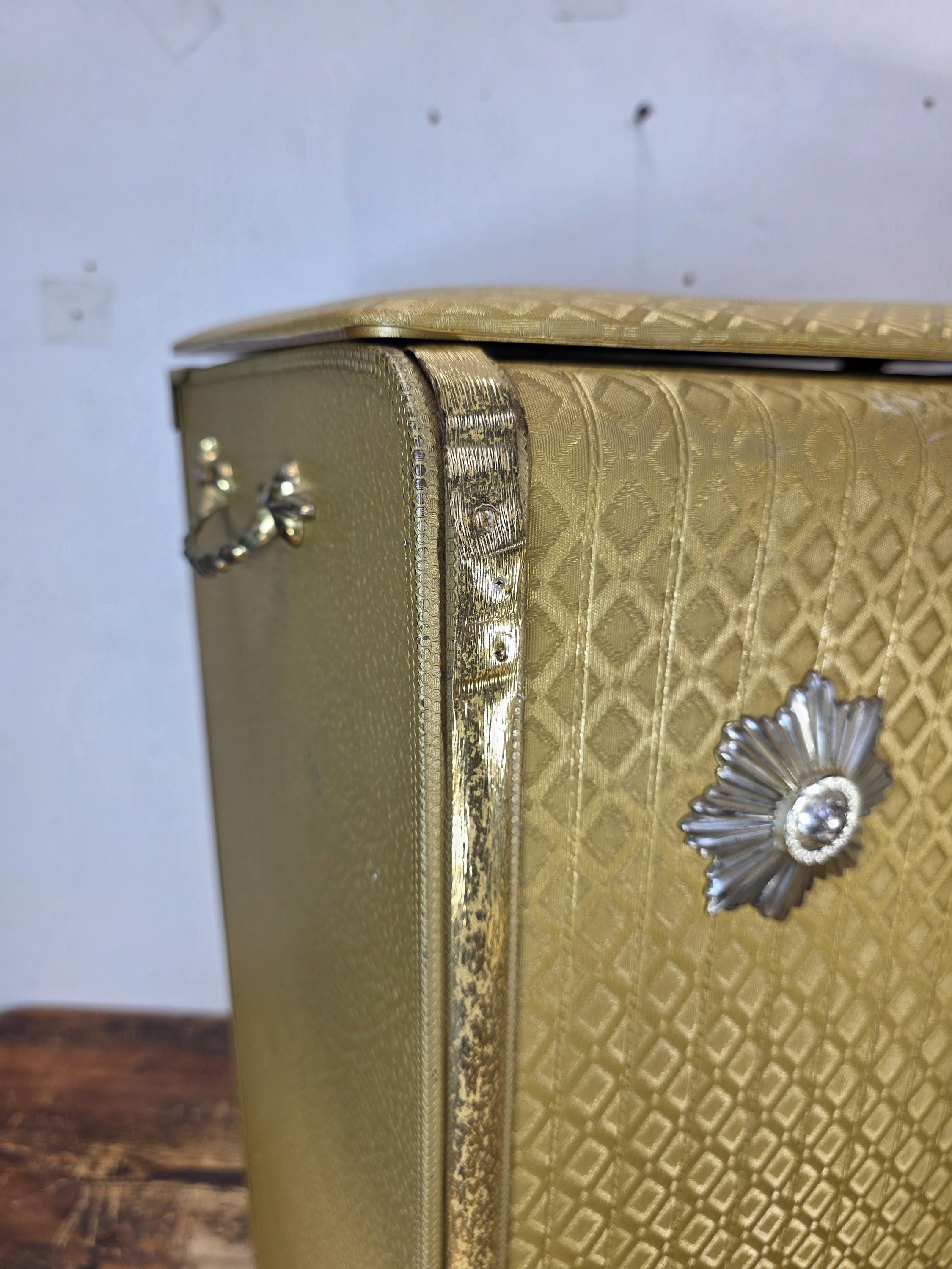 Vintage Pearl-Wick Clothes Hamper Gold Vinyl Woven Pattern 1960s Mid Century
