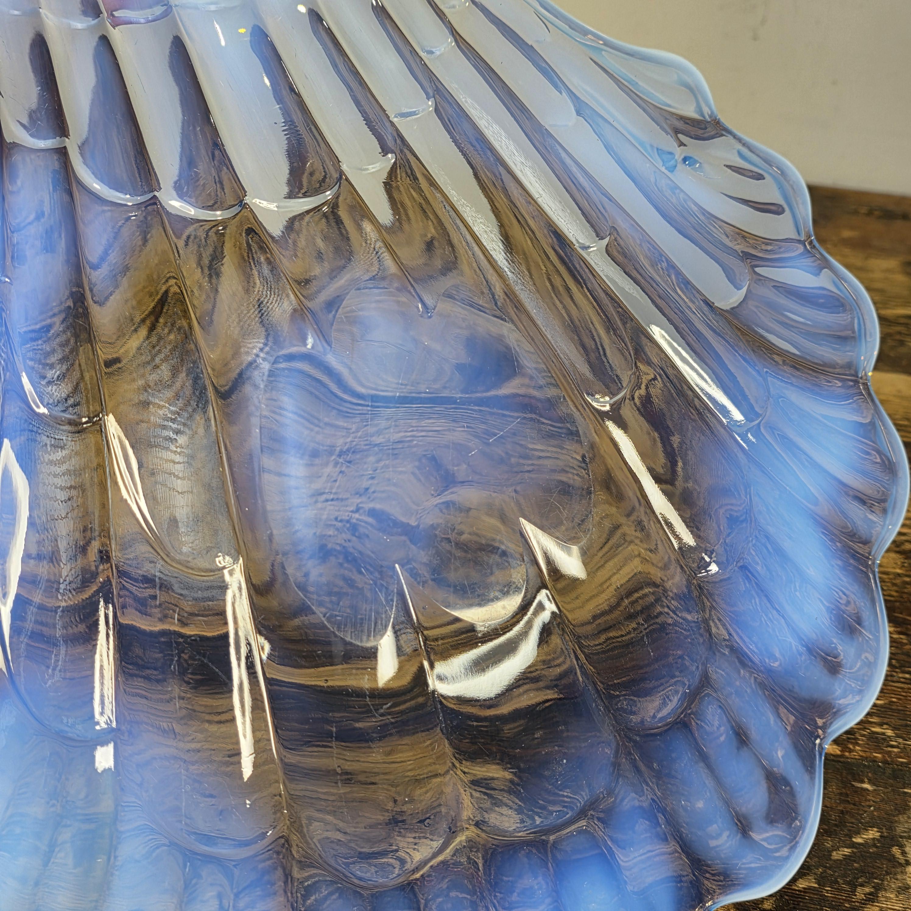 Large Opalescent Blue Glass Shell Platter, Attributed to Duncan & Miller 15"L