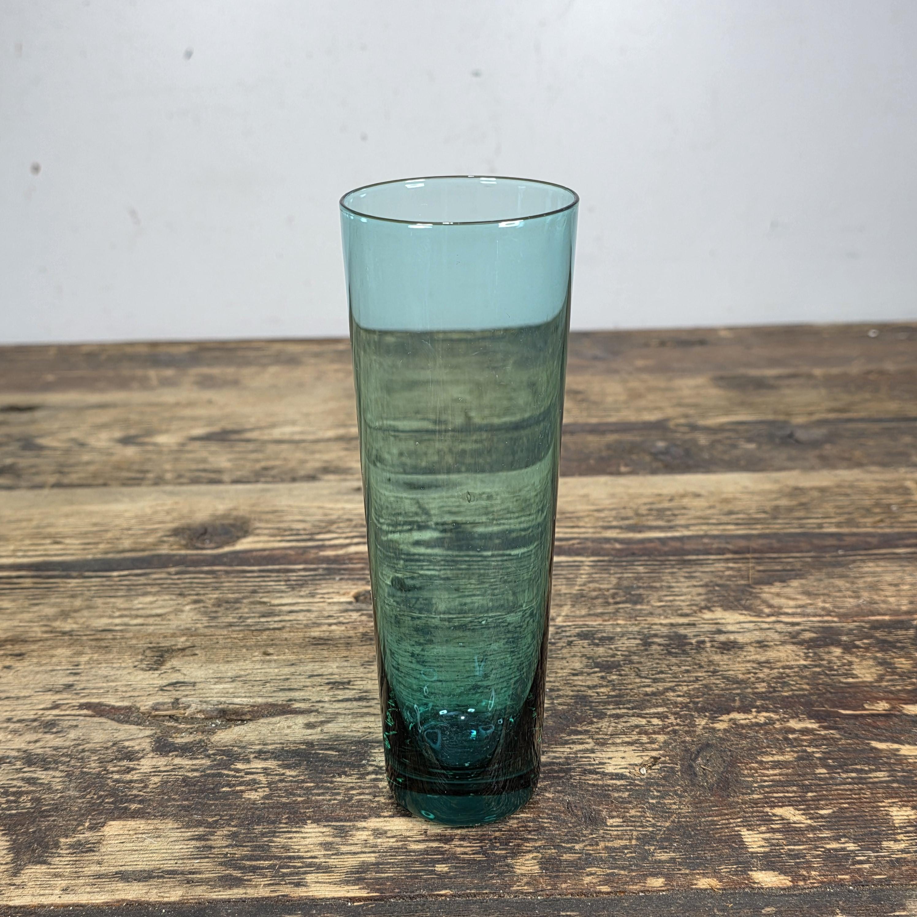 Vintage Hand Blown Aqua Blue Glass Tumbler — Mid-Century Modern Style 6.25"H