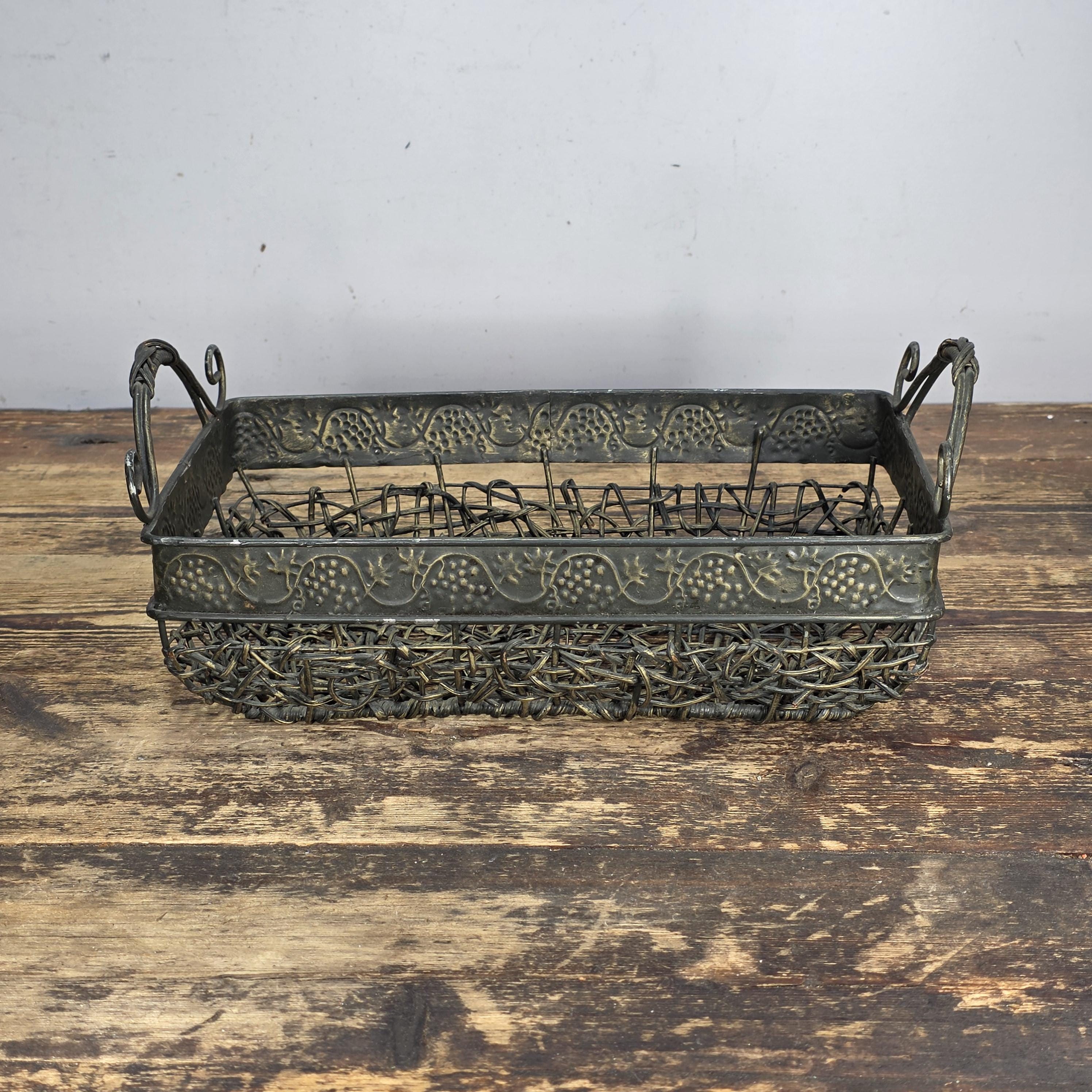 Vintage Bronze Tone Metal & Wicker Rectangular Basket with Handles