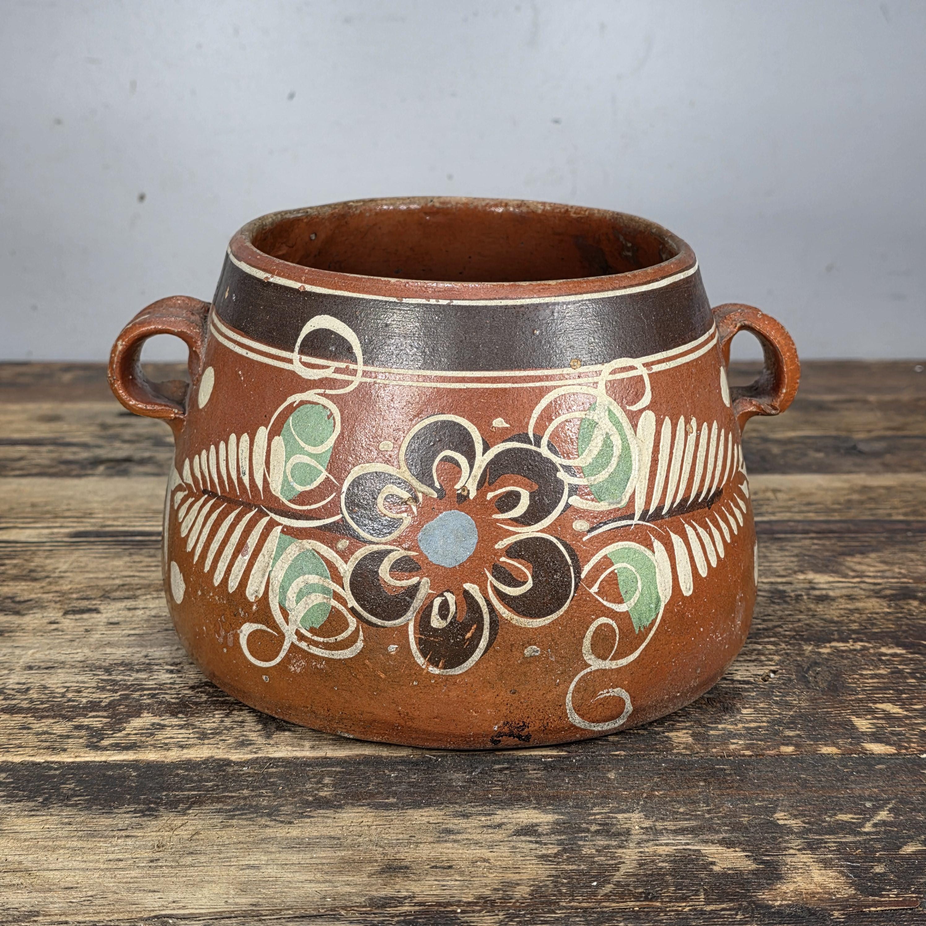 Vintage Mexican Hand-Painted Terracotta Storage Jar/ Folk Art Pottery