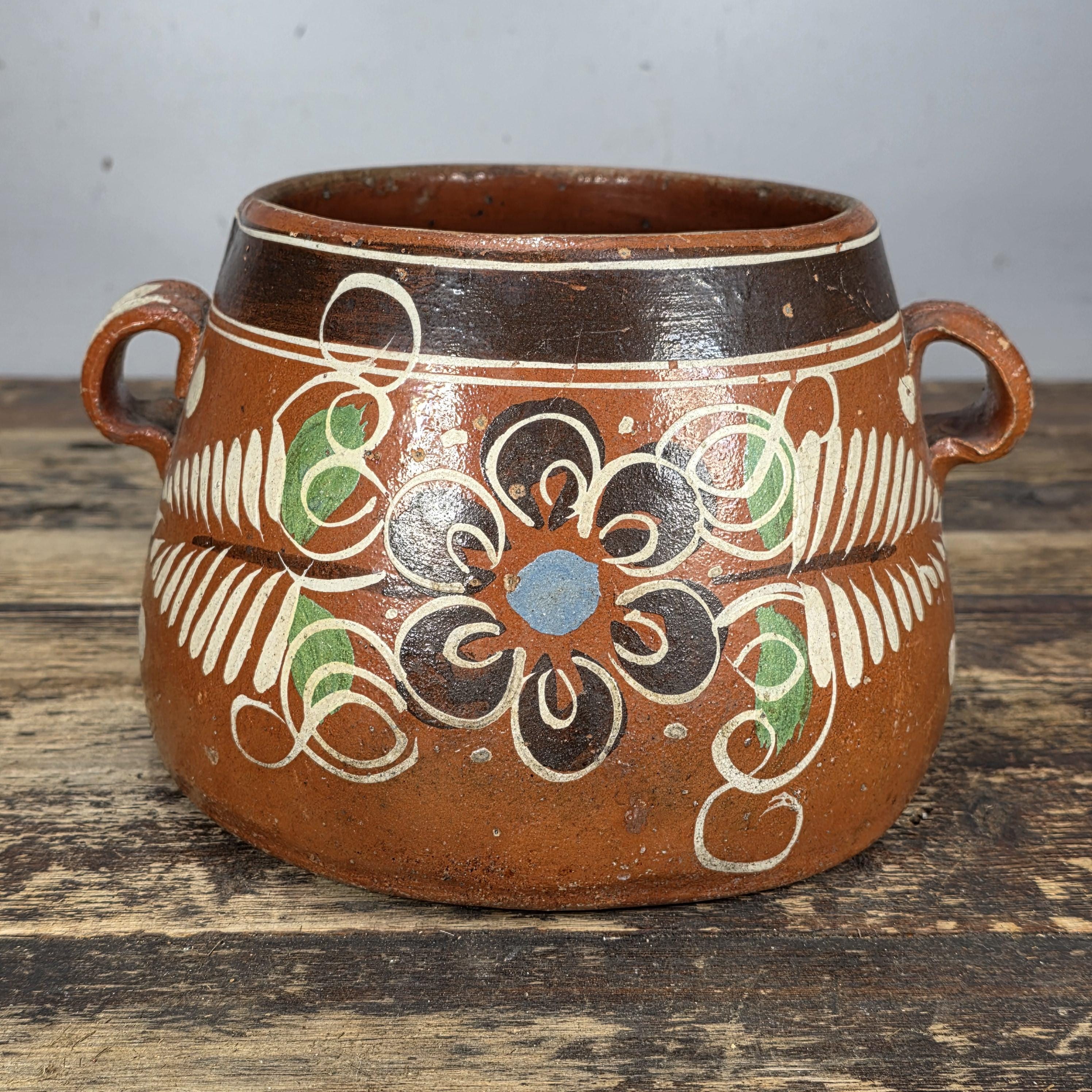 Vintage Mexican Hand-Painted Terracotta Storage Jar/ Folk Art Pottery