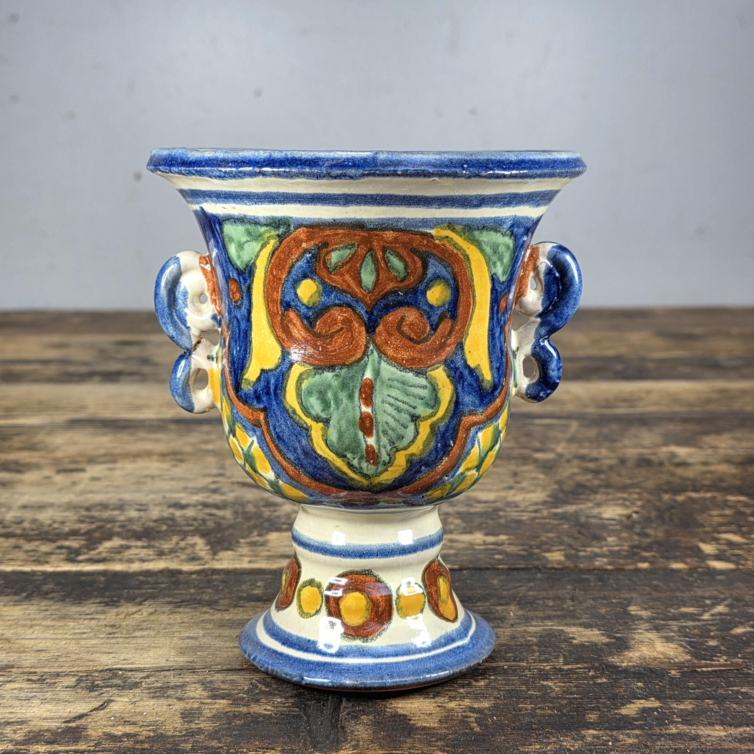 Vintage Mexican Talavera Hand-Painted Chalice Vase / Goblet Form Pottery