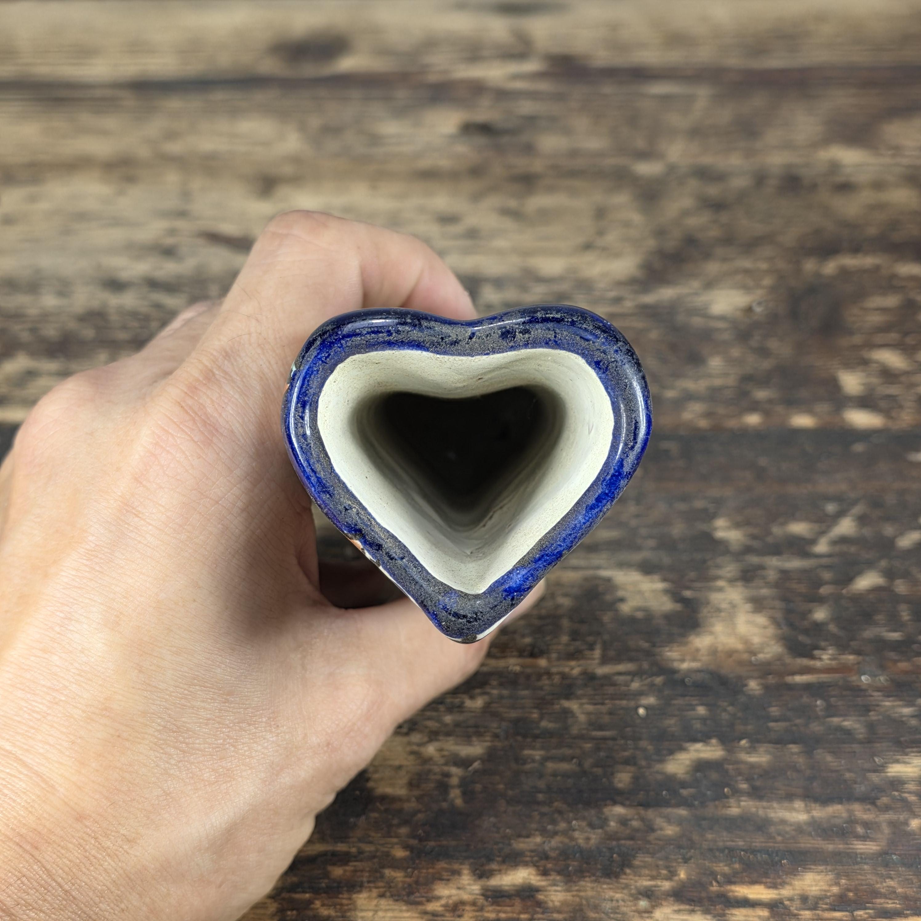 Vintage Talavera Mexico Heart Vase – Hand Painted Folk Art Ceramic 5.5"H