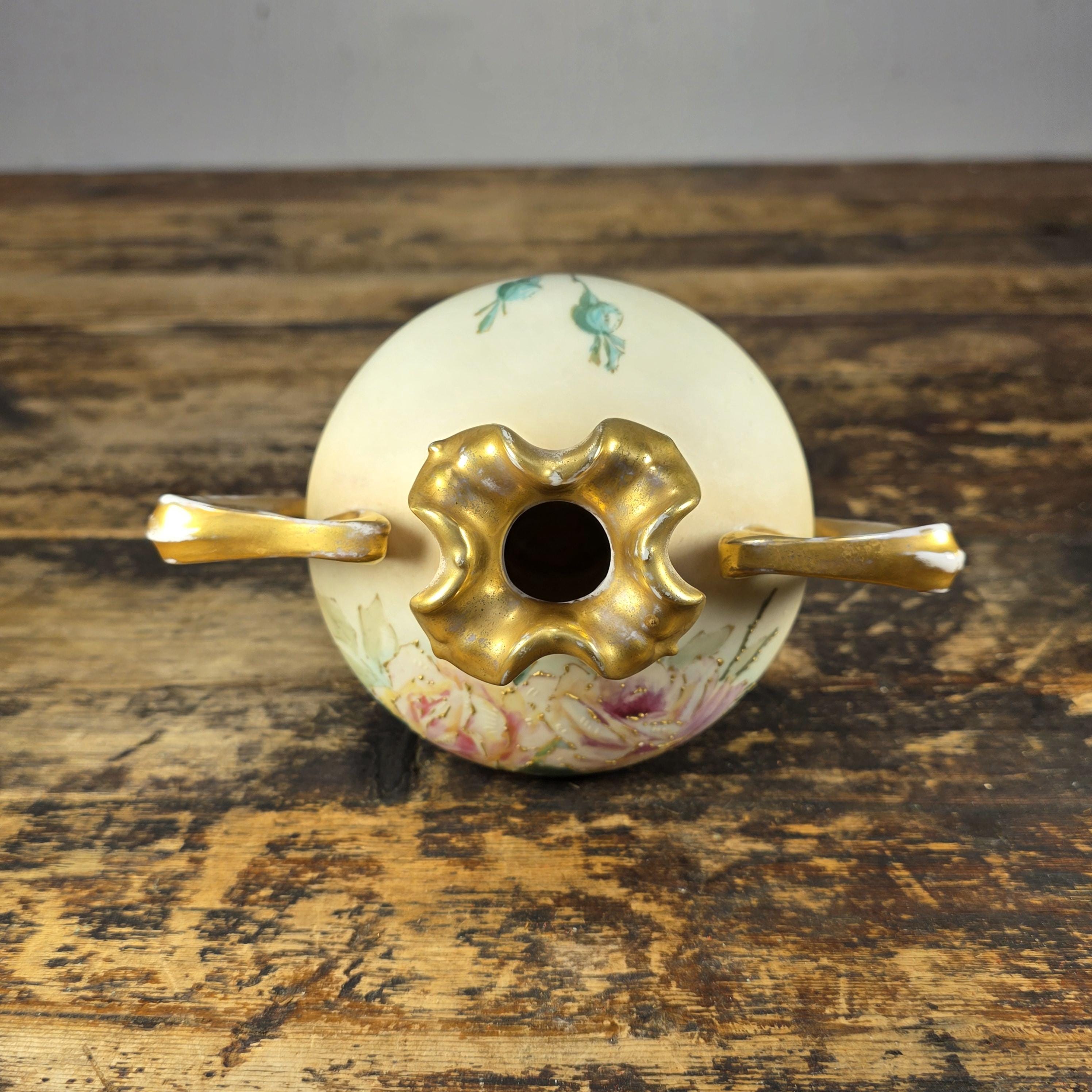 Antique RStK Bohemia Amphora Style Vase Hand Painted Roses Gold Austria c.1900