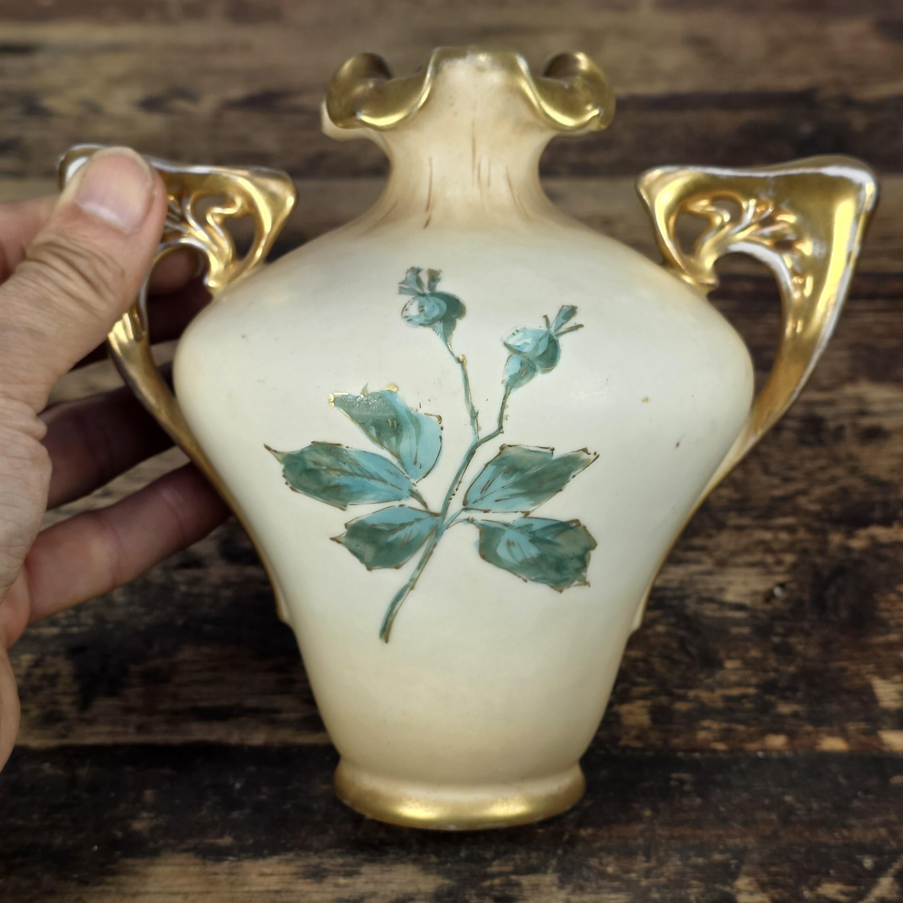Antique RStK Bohemia Amphora Style Vase Hand Painted Roses Gold Austria c.1900