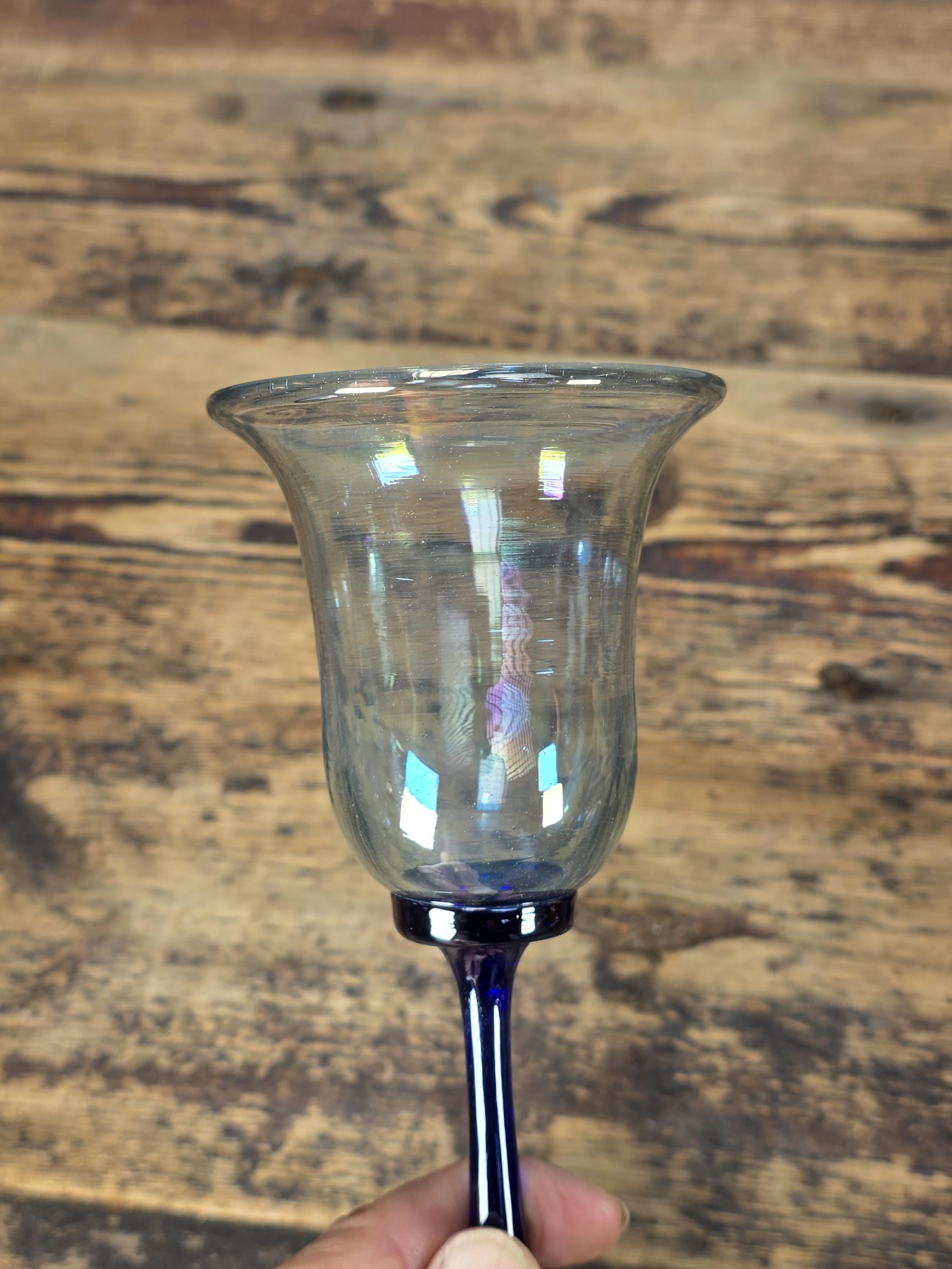 Set of 5 Rick Strini Art Glass Goblets Iridescent & Cobalt Blue Signed c.1970s