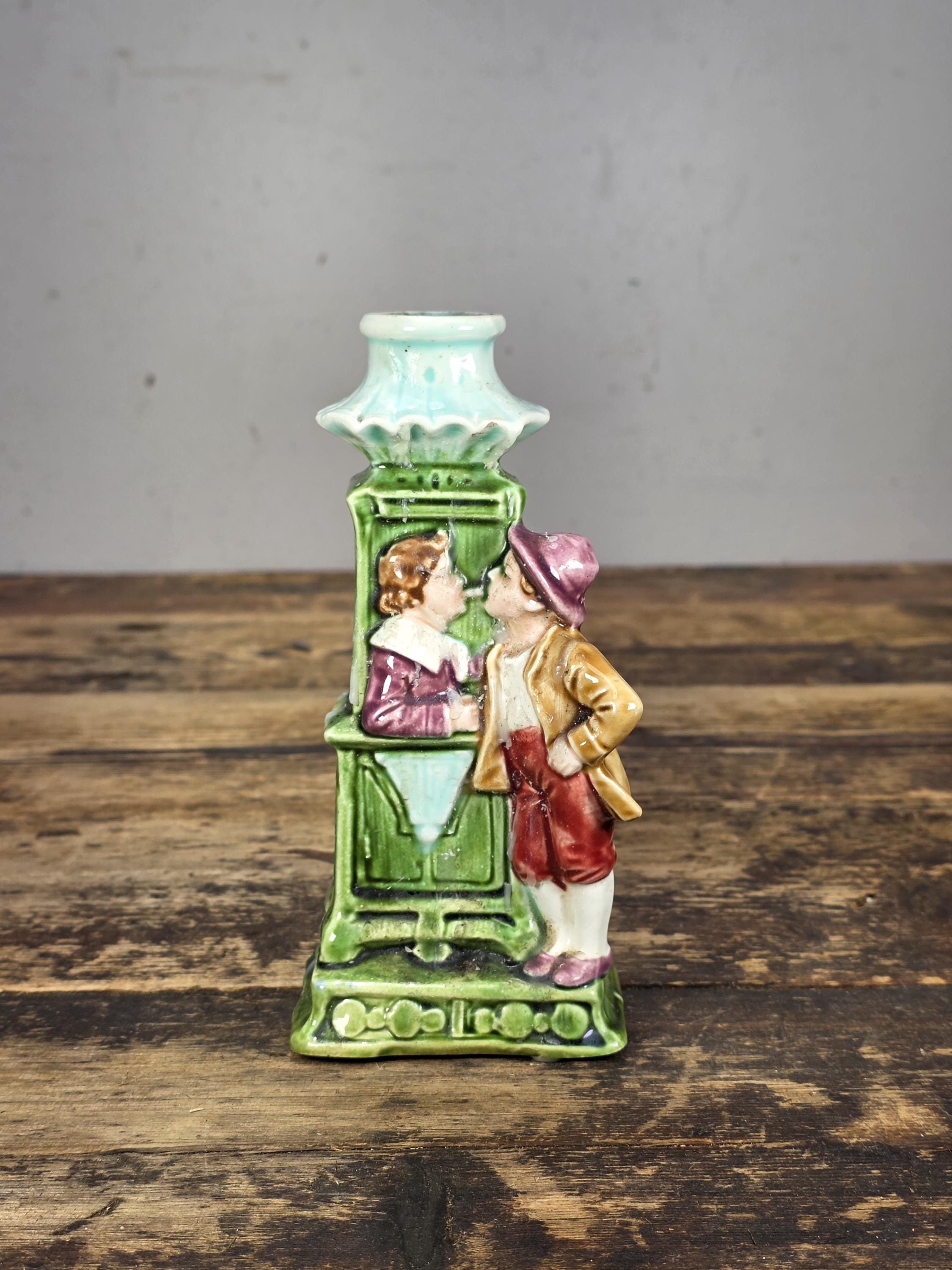 Antique German Majolica Figural Candle Holder Lovers Smoking Scene c.1900s