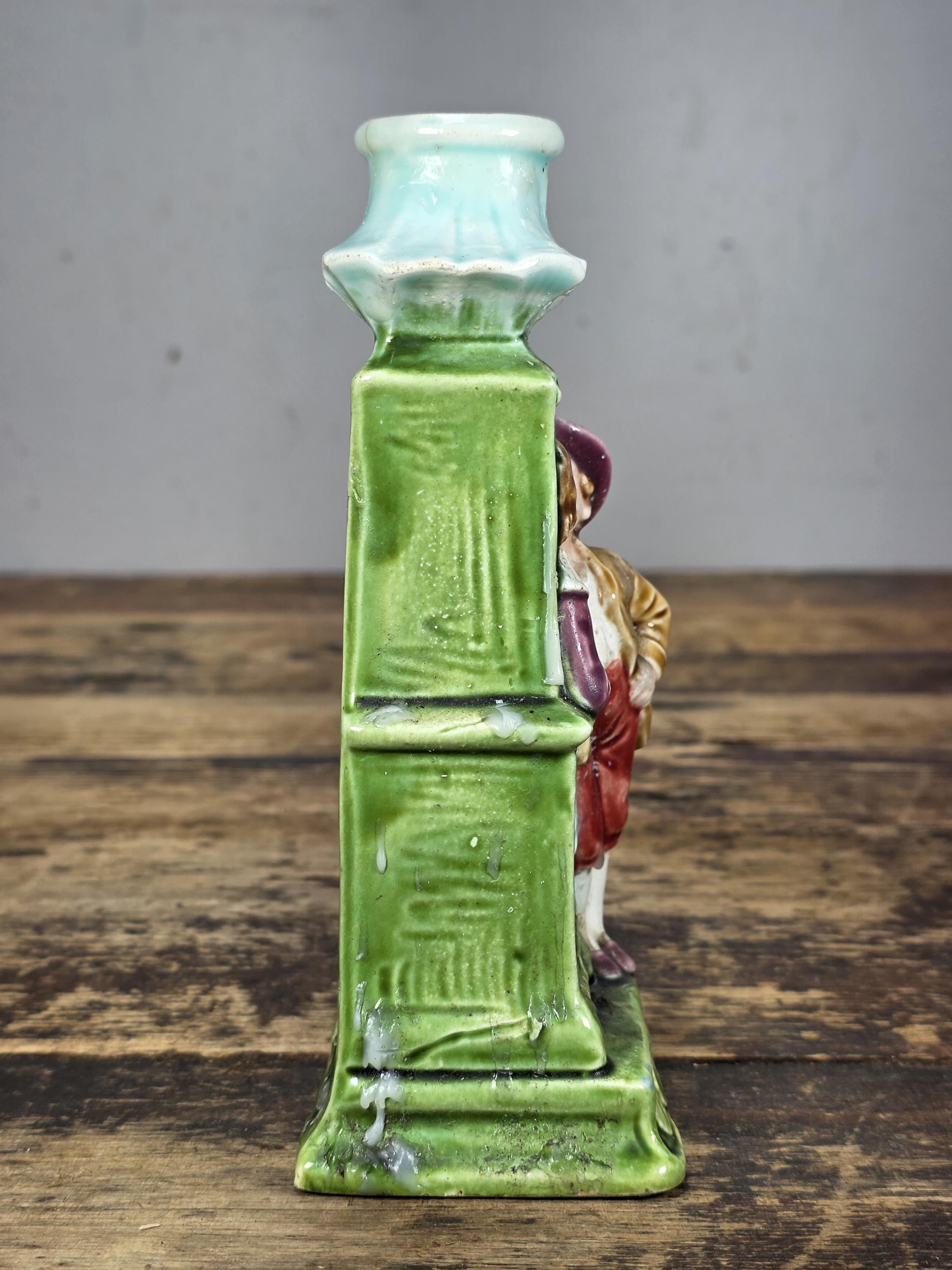 Antique German Majolica Figural Candle Holder Lovers Smoking Scene c.1900s