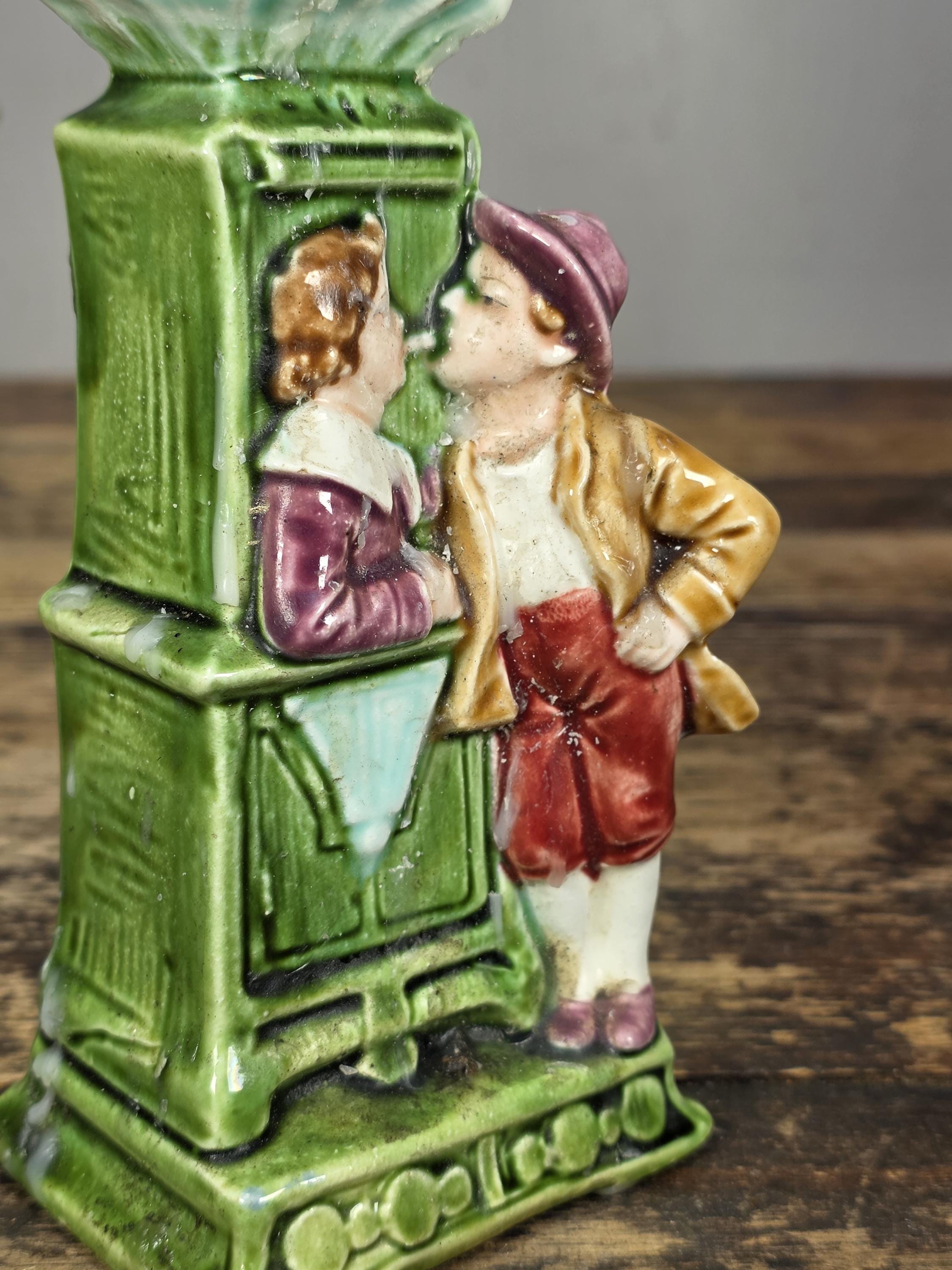 Antique German Majolica Figural Candle Holder Lovers Smoking Scene c.1900s