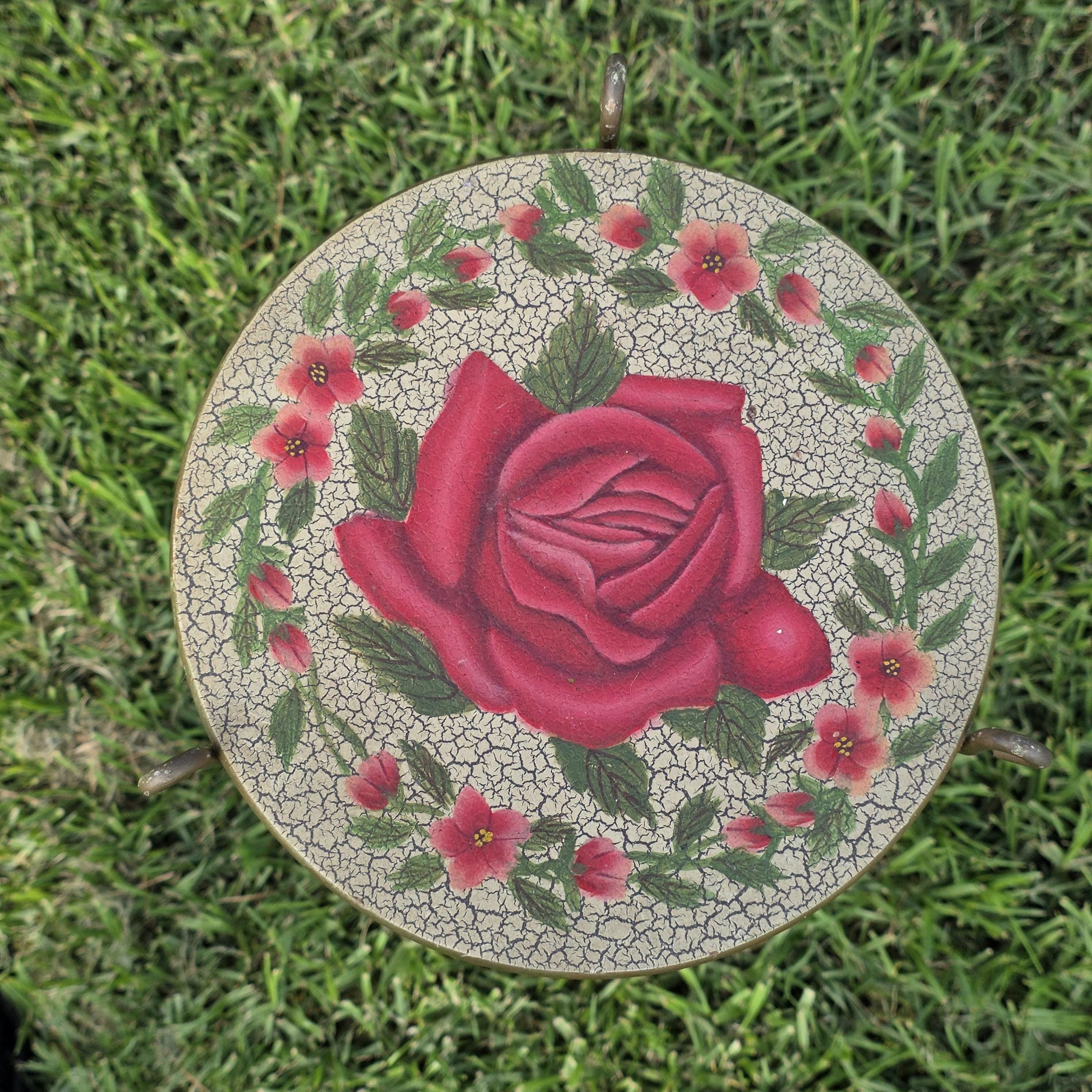 Vintage Rose Motif Accent Table – Wooden Top × Gilded Metal Base