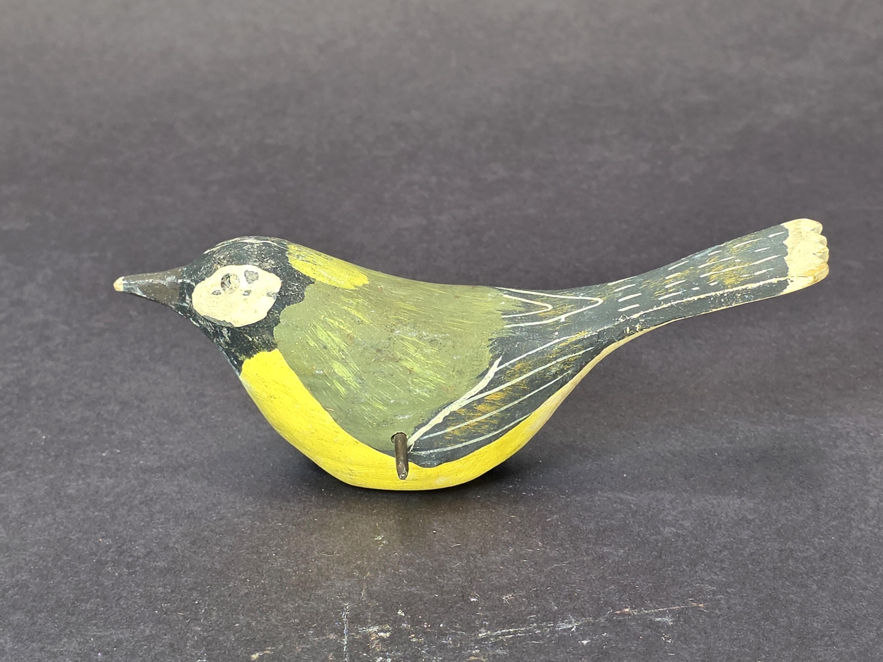 Svensk Slöjd Sweden Hand Carved Painted Wooden Bird — Green Yellow Folk Art Deco