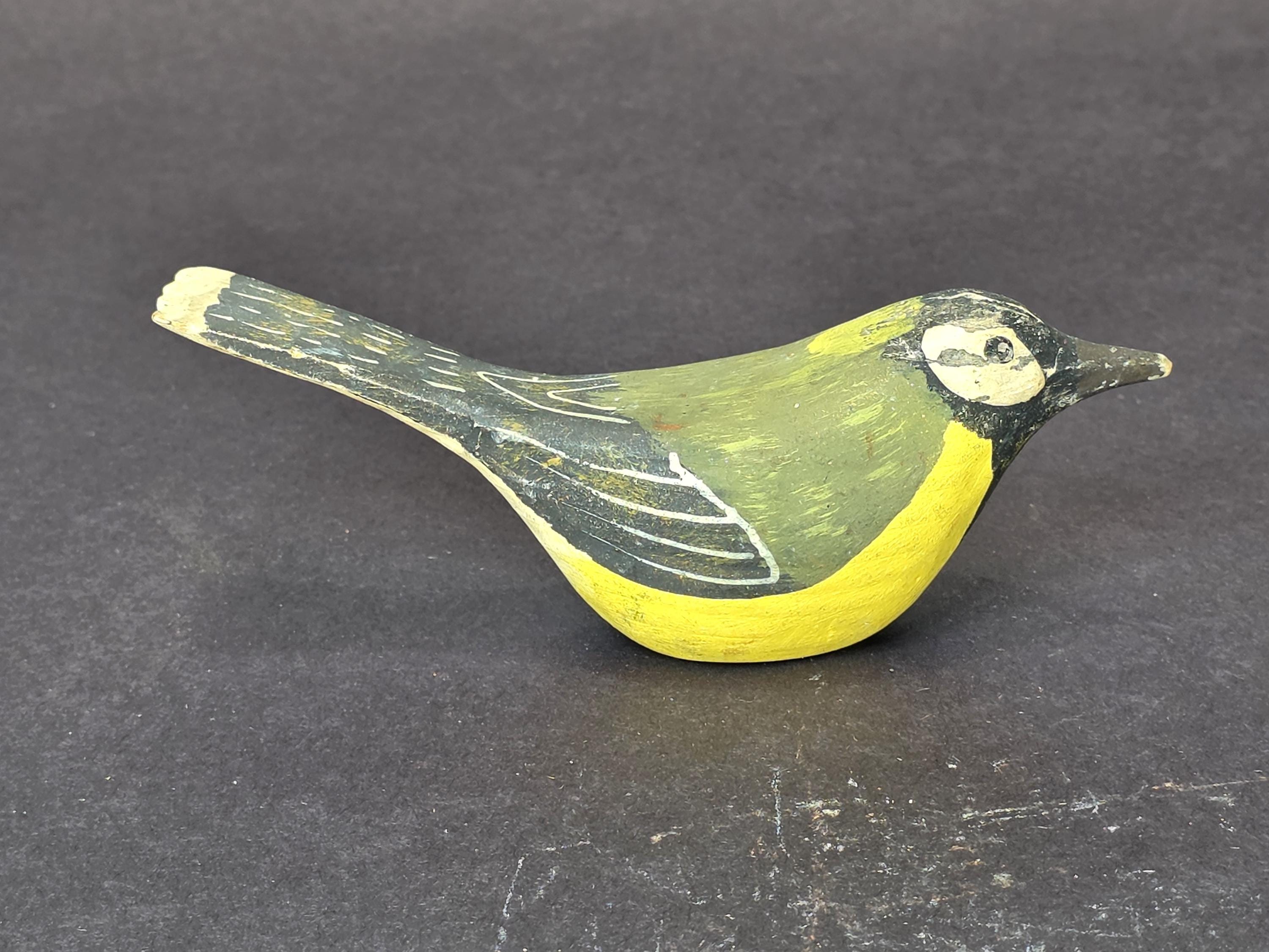 Svensk Slöjd Sweden Hand Carved Painted Wooden Bird — Green Yellow Folk Art Deco