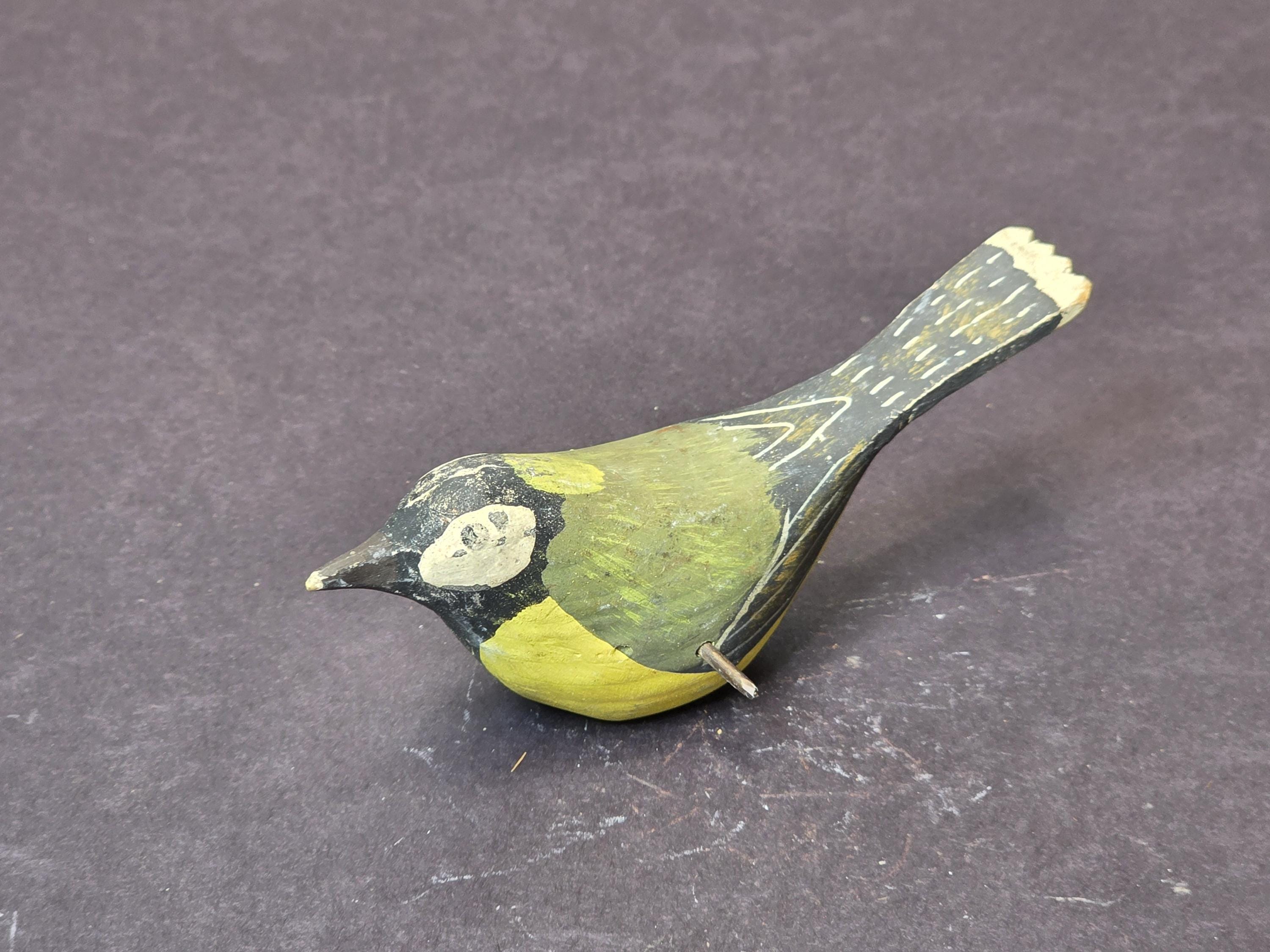 Svensk Slöjd Sweden Hand Carved Painted Wooden Bird — Green Yellow Folk Art Deco
