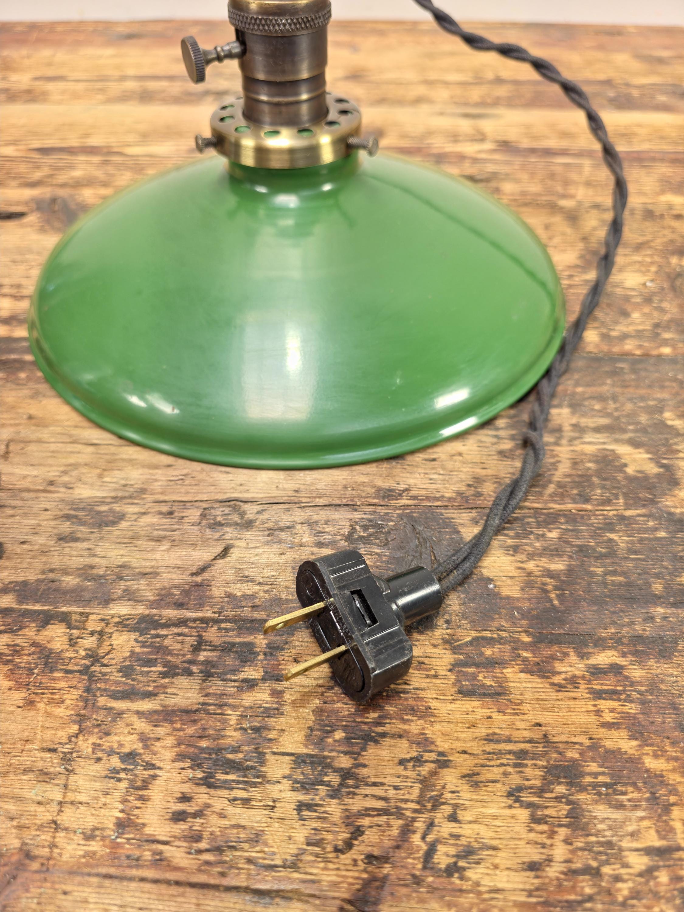 Vintage Green Enamel Pendant Light 10" Shade w/ GBPL Brass Socket