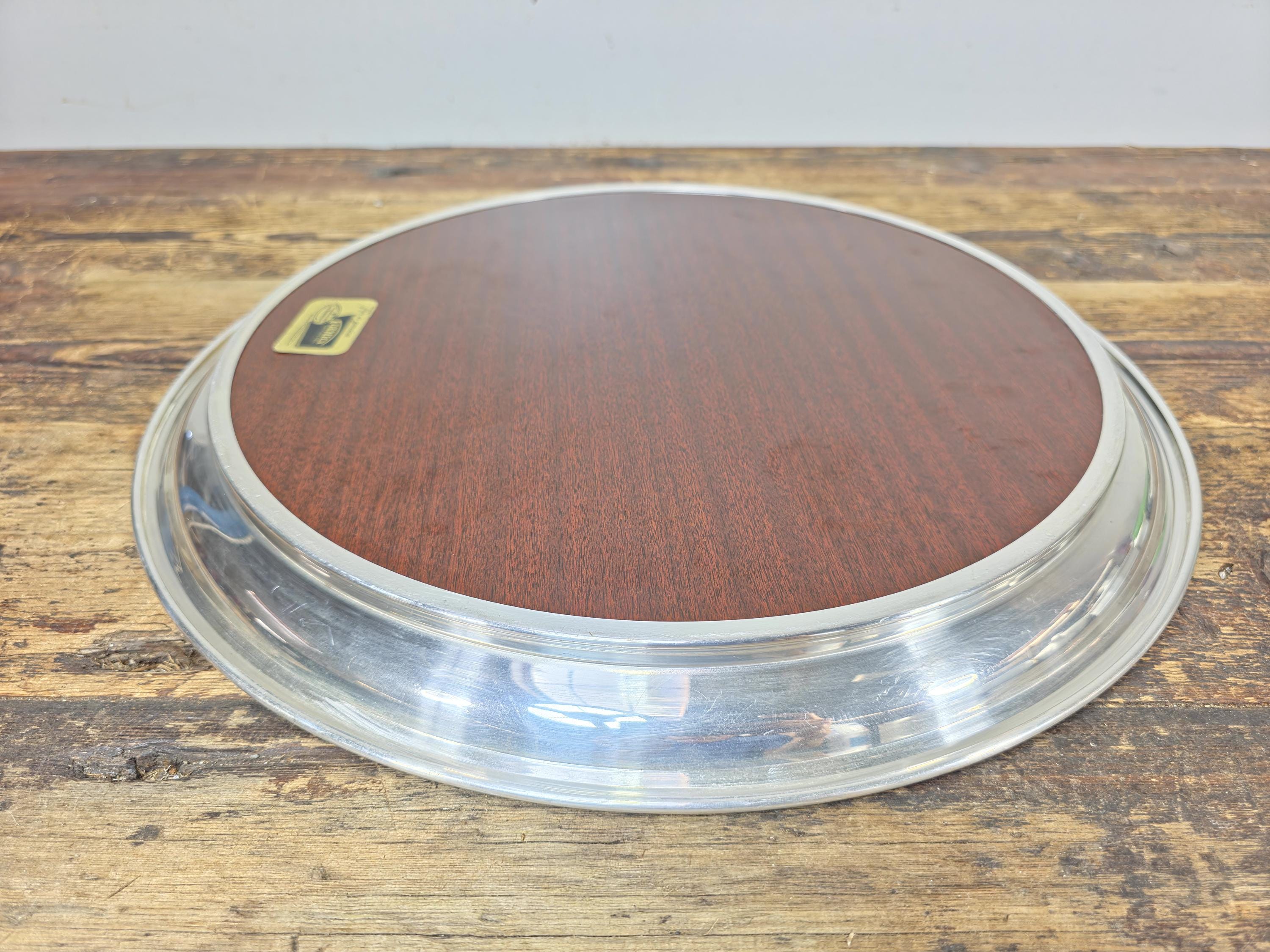 Vintage Formica Woodgrain Tray w/ Silver-Plated Aluminum Rim 16.5" — Mid Century