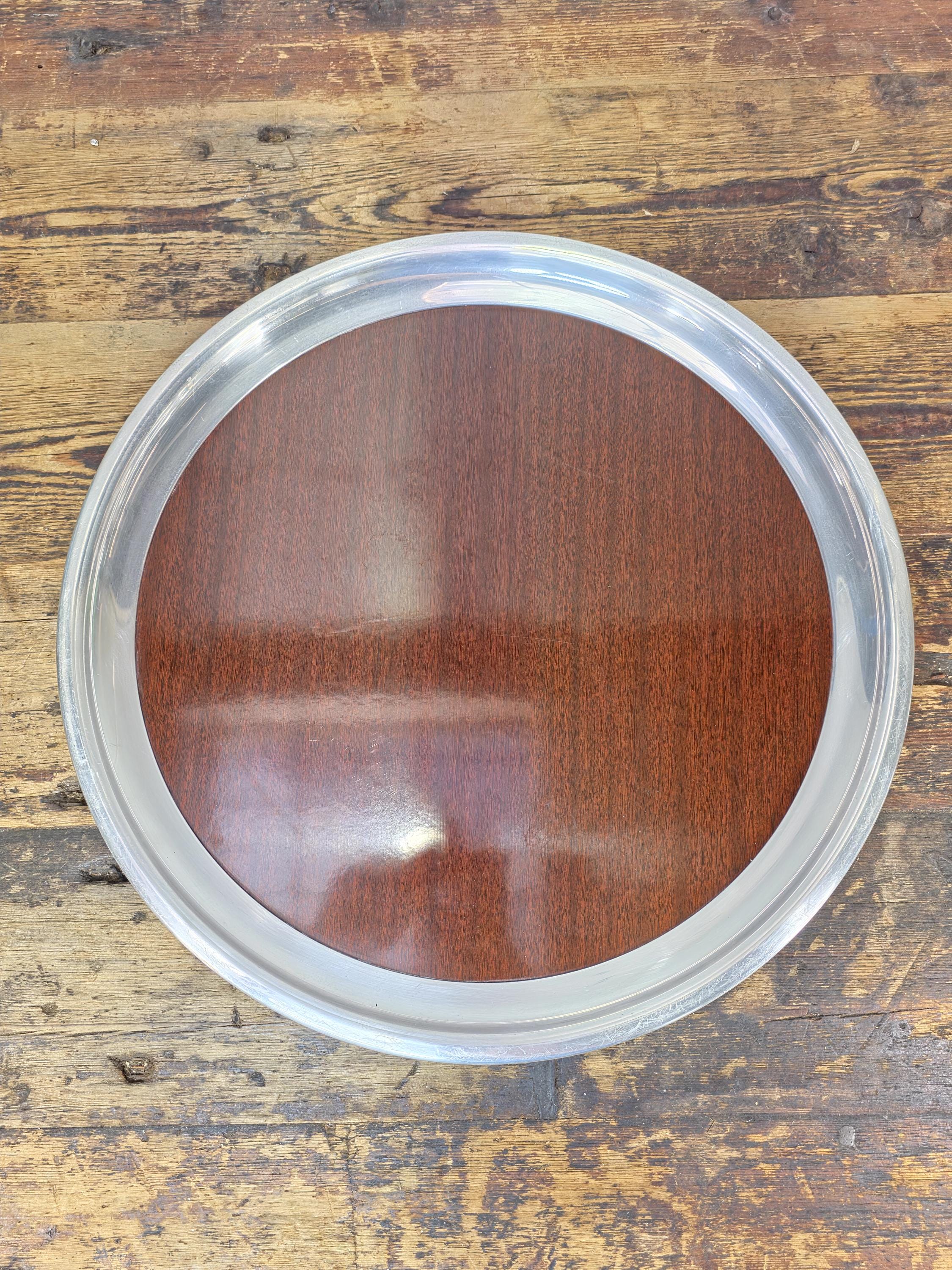 Vintage Formica Woodgrain Tray w/ Silver-Plated Aluminum Rim 16.5" — Mid Century