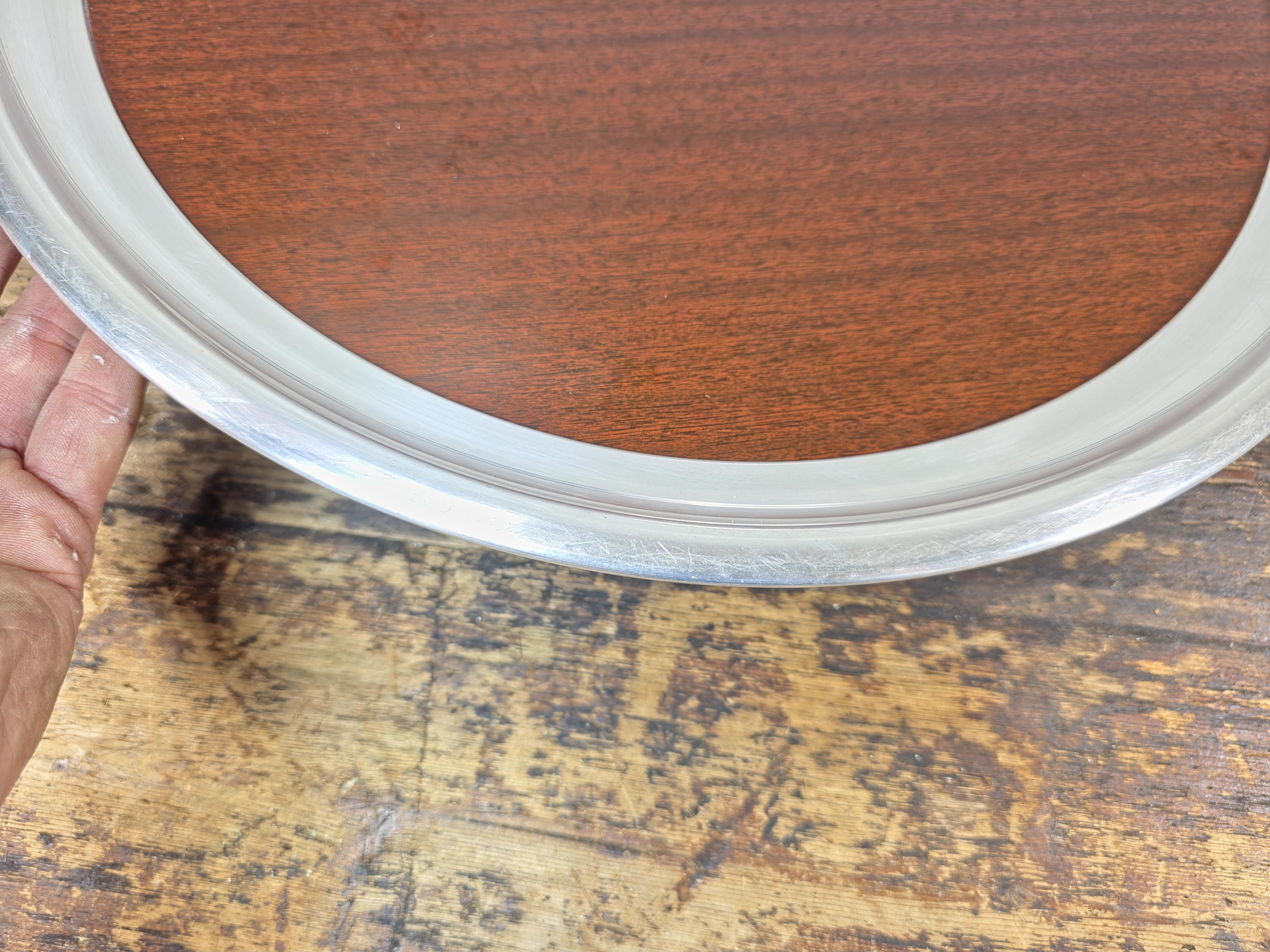 Vintage Formica Woodgrain Tray w/ Silver-Plated Aluminum Rim 16.5" — Mid Century