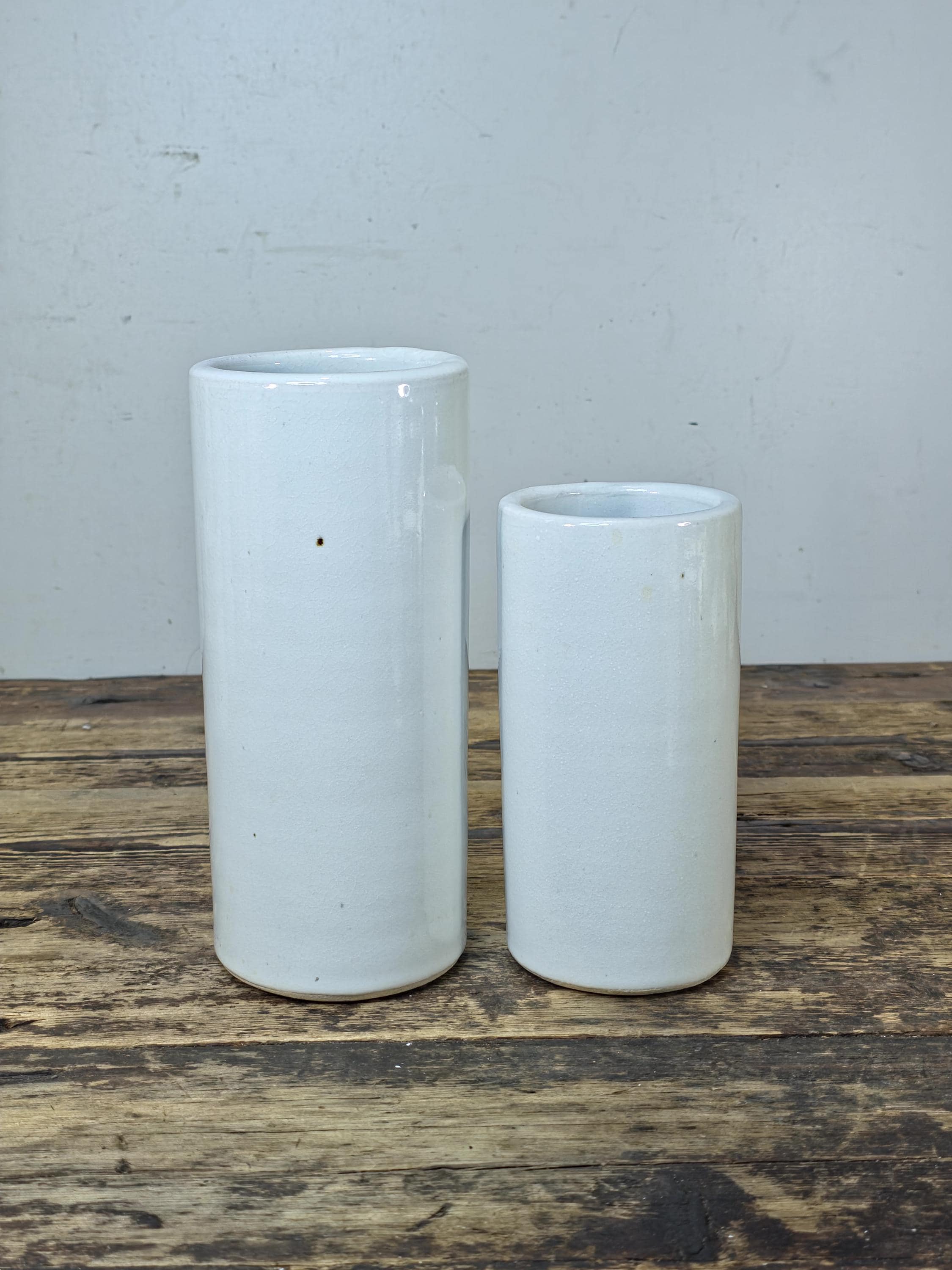 Signed Studio Pottery Vase Pair White Crackle Glaze Cylinders Modernist Style