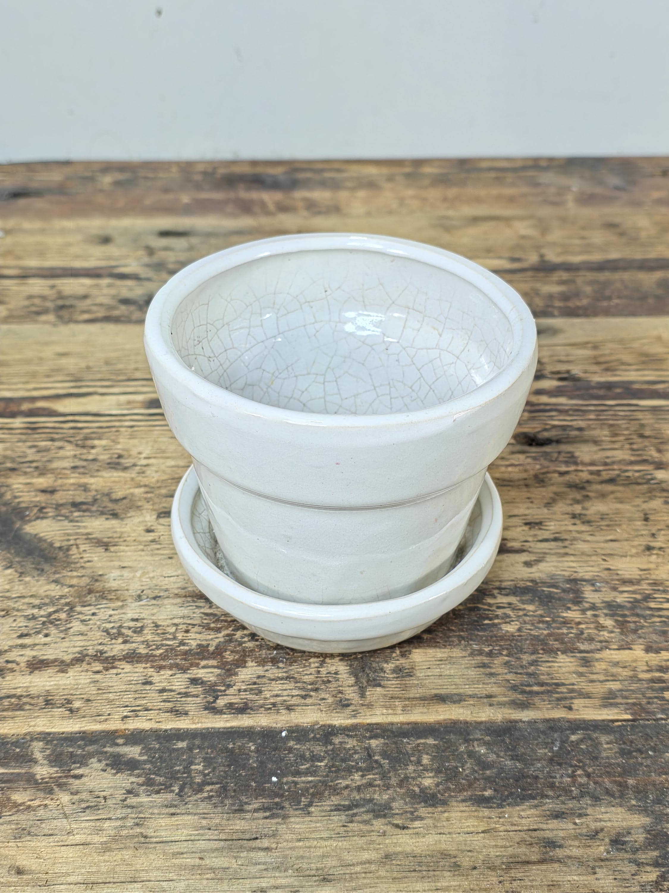 Vintage Small White Glazed Pottery Planter with Saucer — Minimalist Studio Style