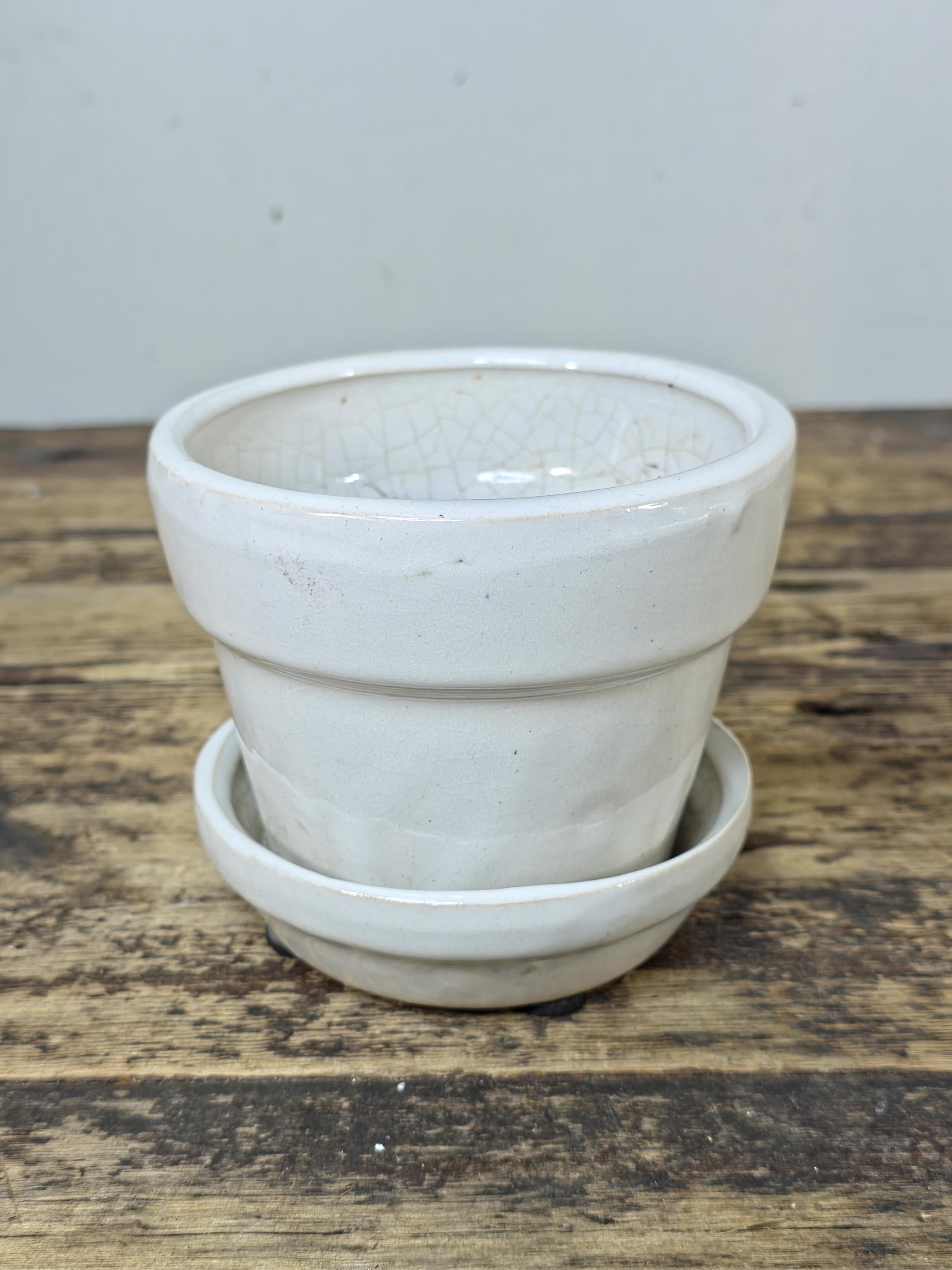 Vintage Small White Glazed Pottery Planter with Saucer — Minimalist Studio Style