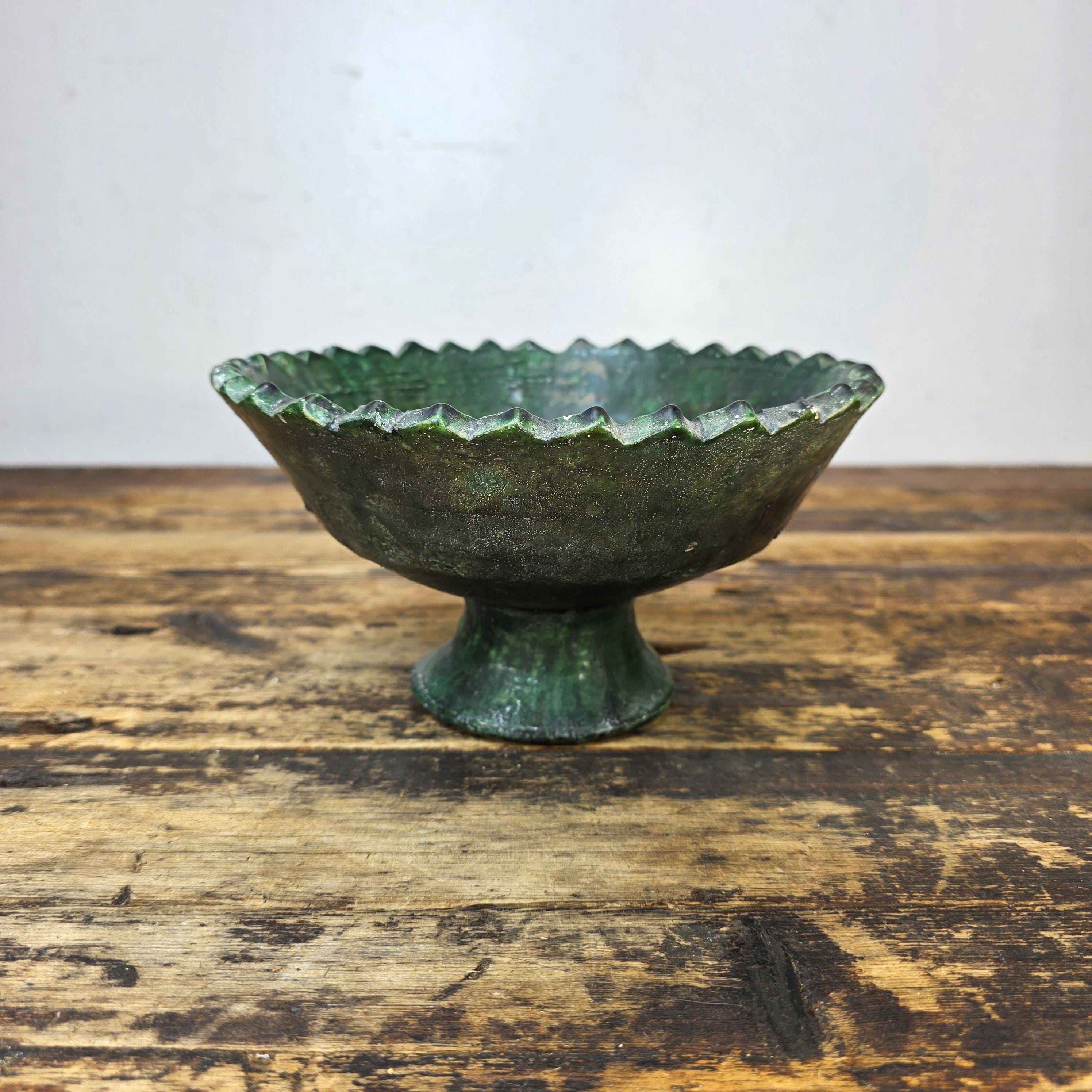 Tamegroute Green Pedestal Bowl with 15 African Soapstone Rhino Figurines