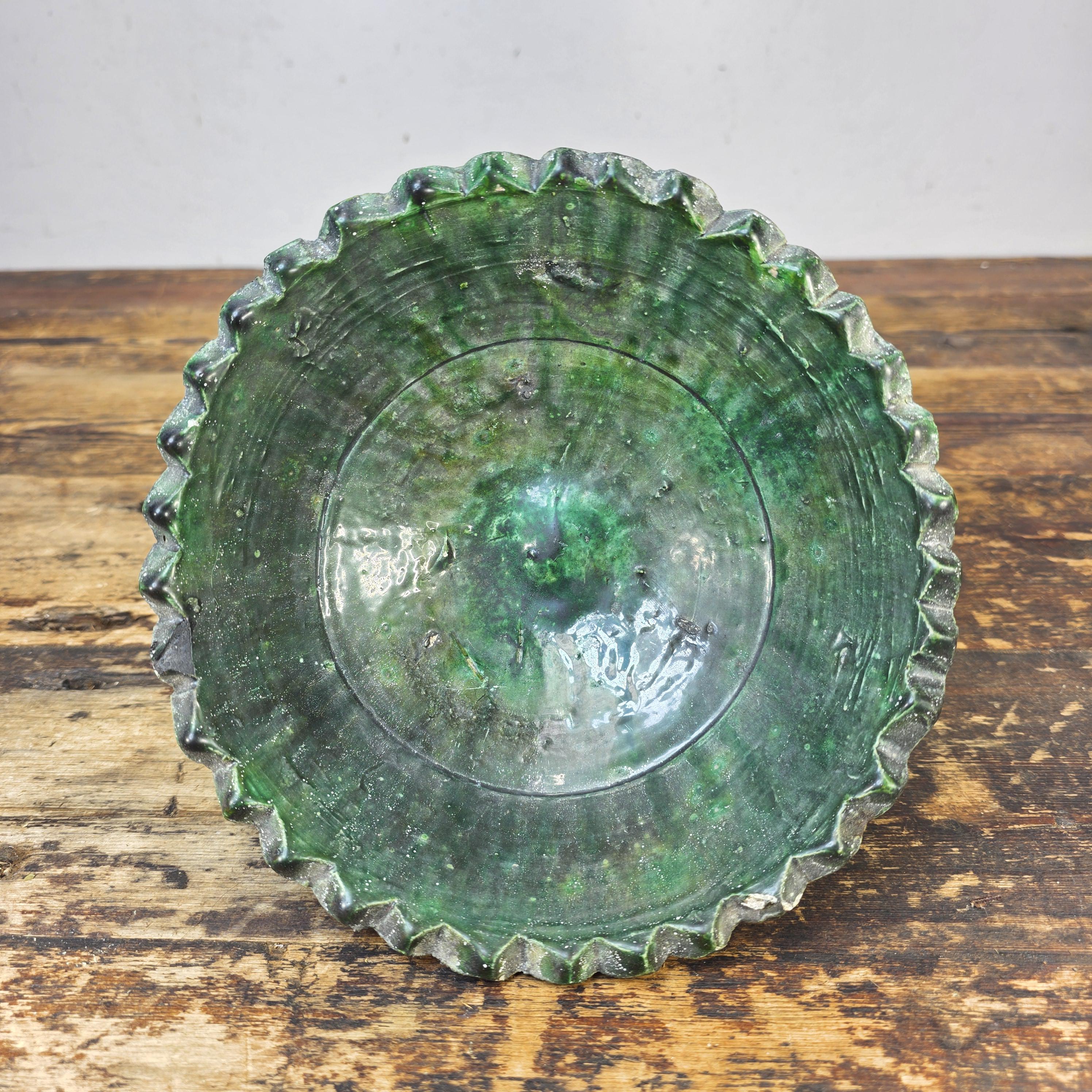 Tamegroute Green Pedestal Bowl with 15 African Soapstone Rhino Figurines