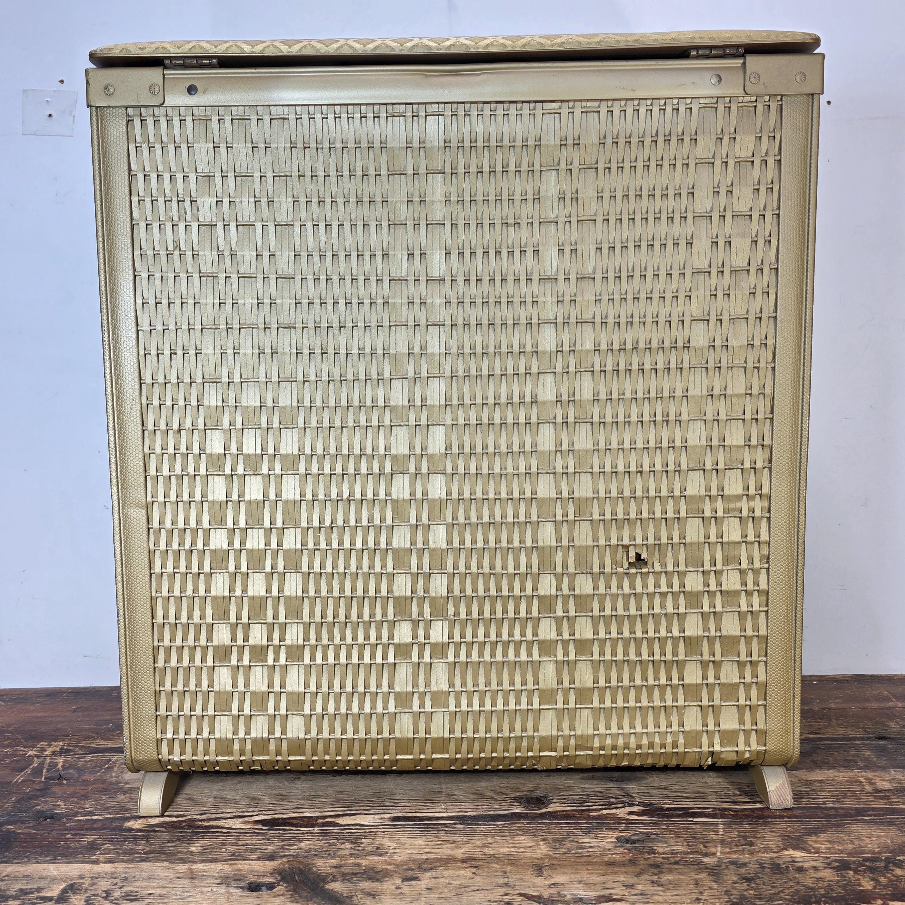 Vintage Pearl-Wick Clothes Hamper Gold Vinyl Woven Pattern 1960s Mid Century