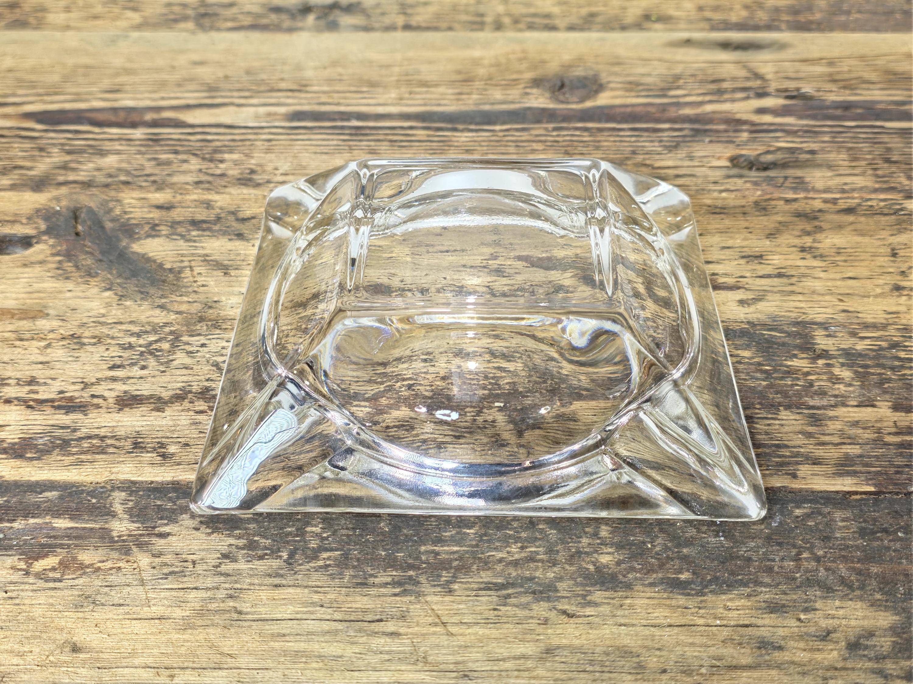 Vintage Clear Glass Ashtray 4.5" Square – Mid-Century Modern Heavy Glass