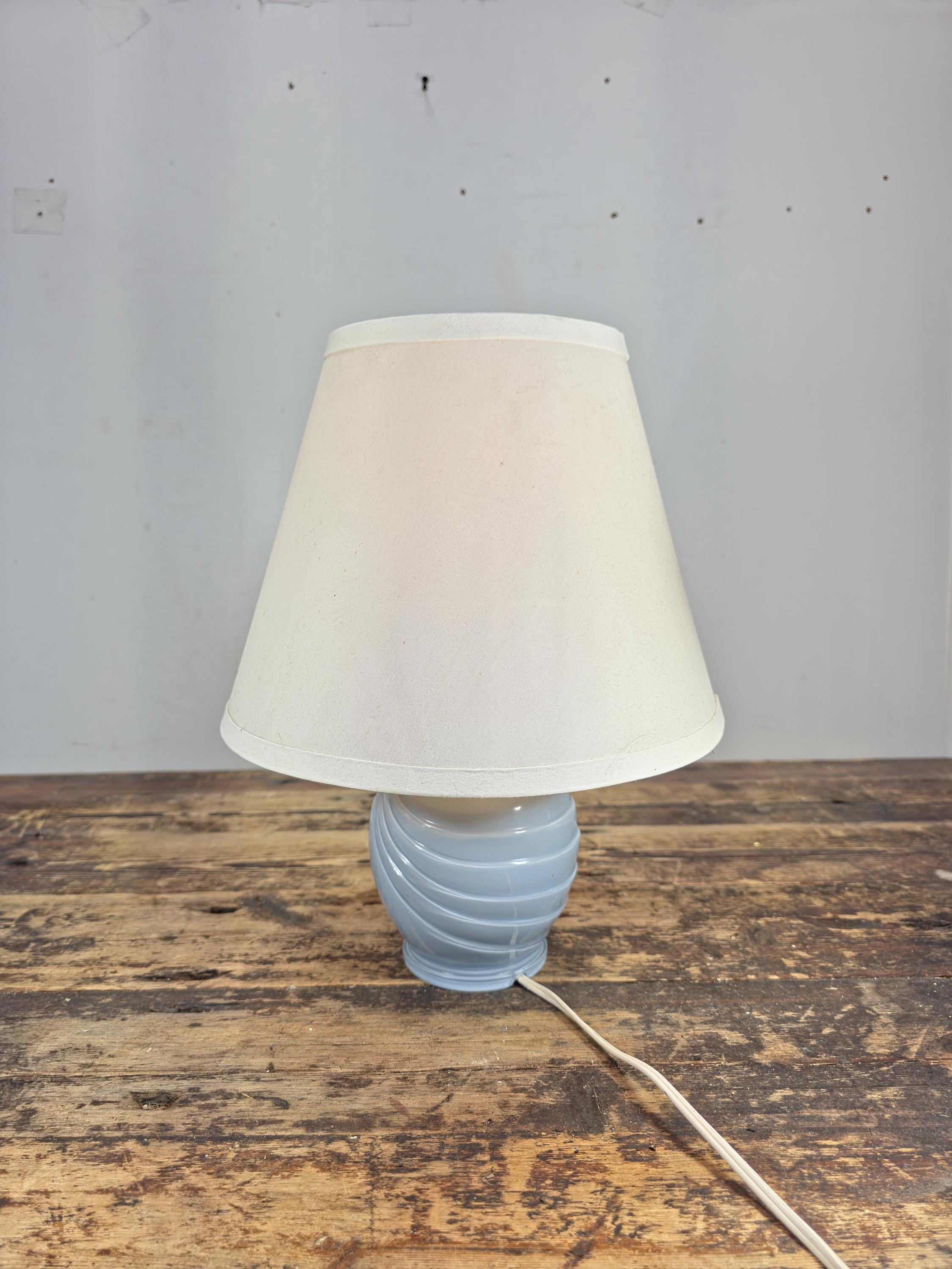 Mid-Century Blue Swirl Glass Table Lamp with Shade 14"T