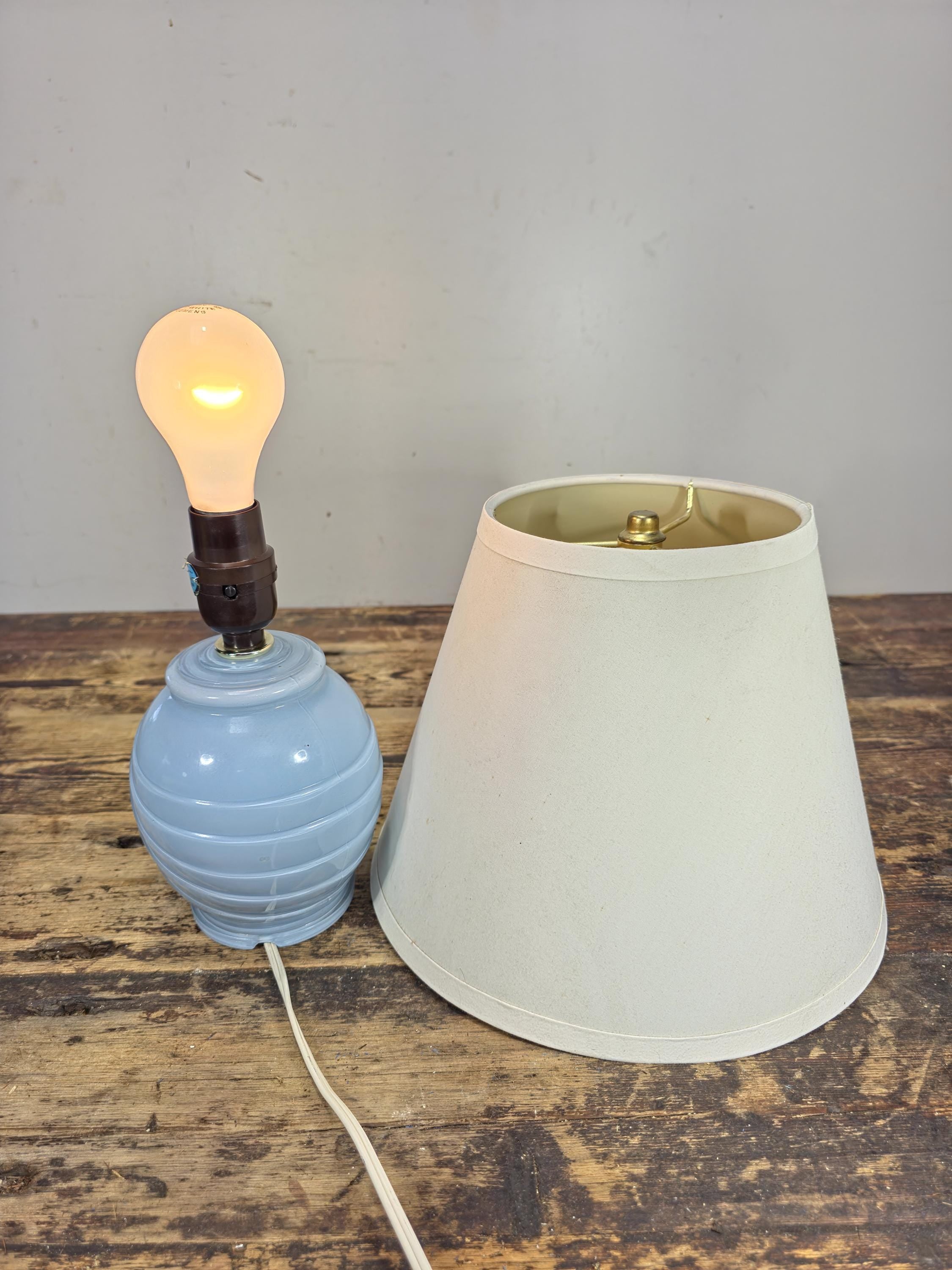 Mid-Century Blue Swirl Glass Table Lamp with Shade 14"T