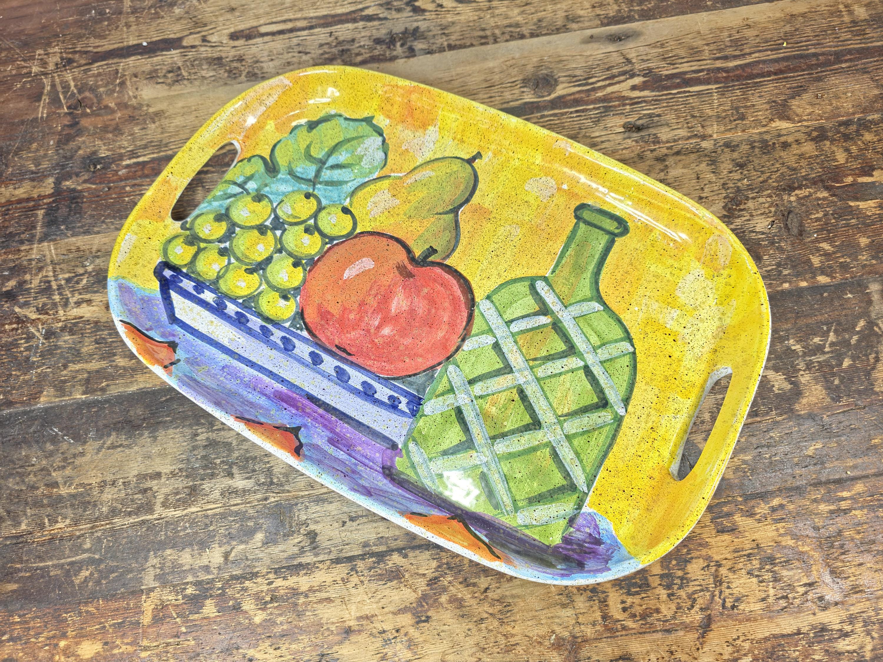 Vintage Italian Hand-Painted Pottery Tray – Fruits & Bottle Design