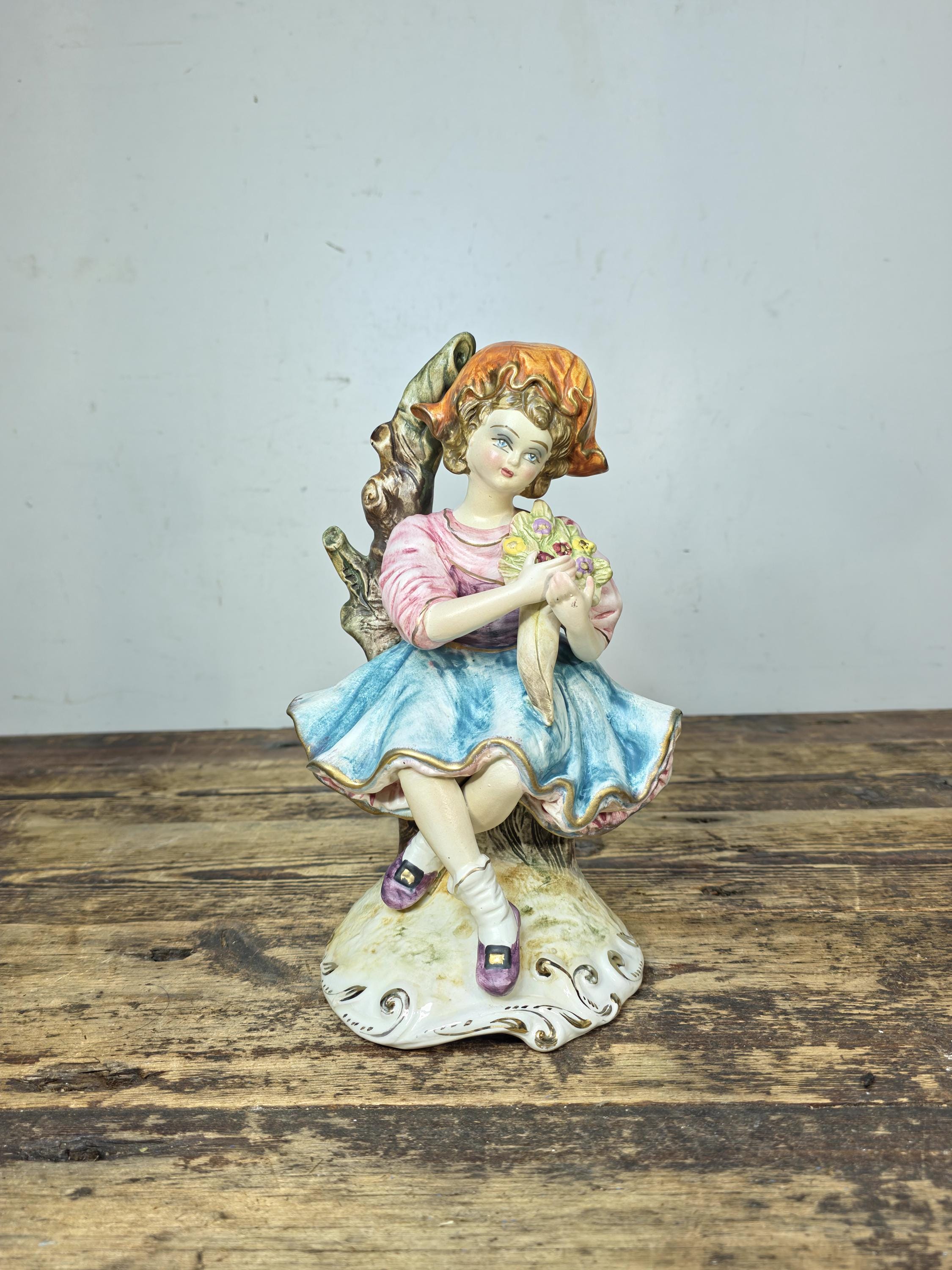 Vintage Italian Porcelain Girl Figurine — Capodimonte Style, Crown N Mark 10.5"T