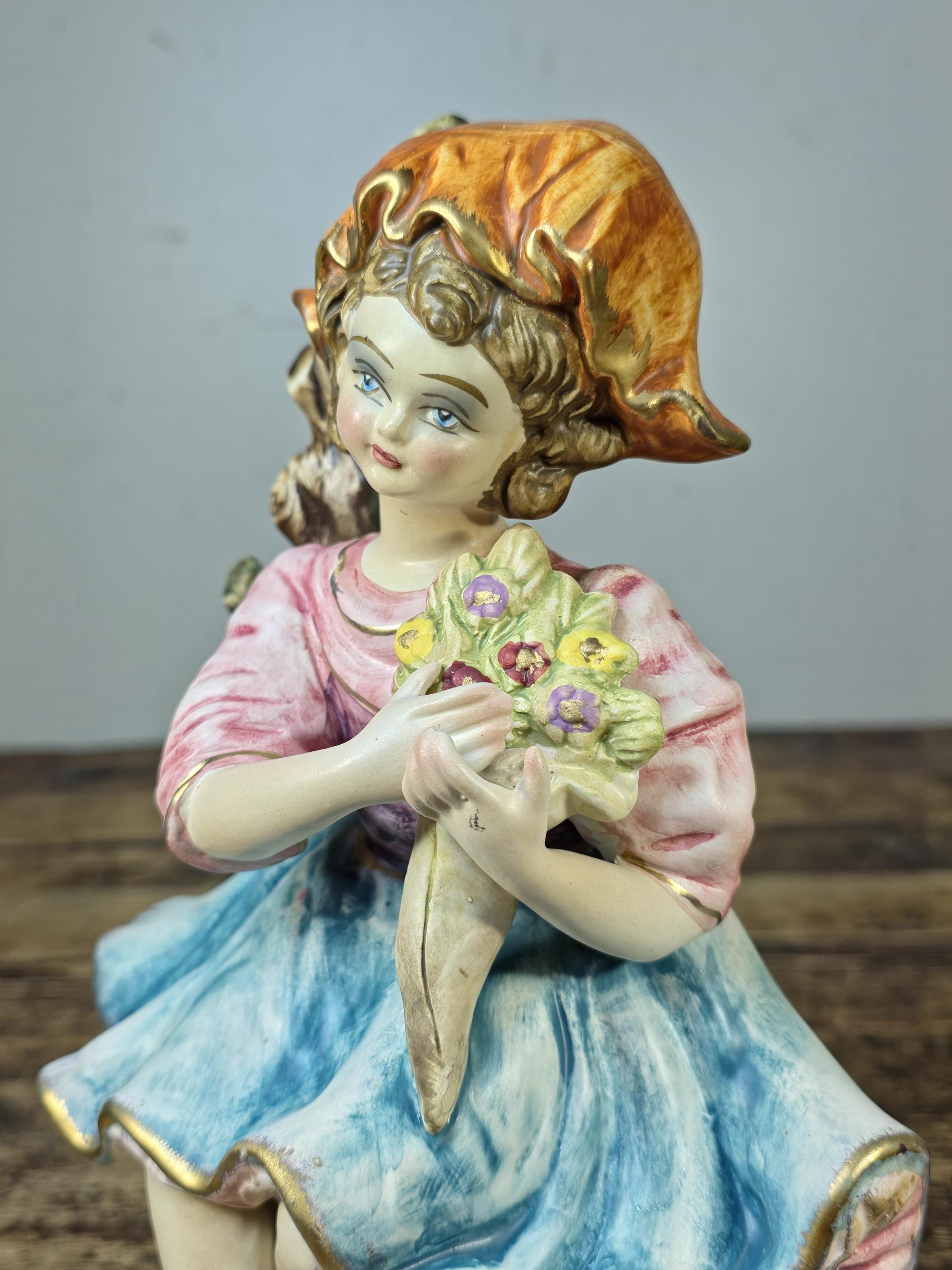 Vintage Italian Porcelain Girl Figurine — Capodimonte Style, Crown N Mark 10.5"T