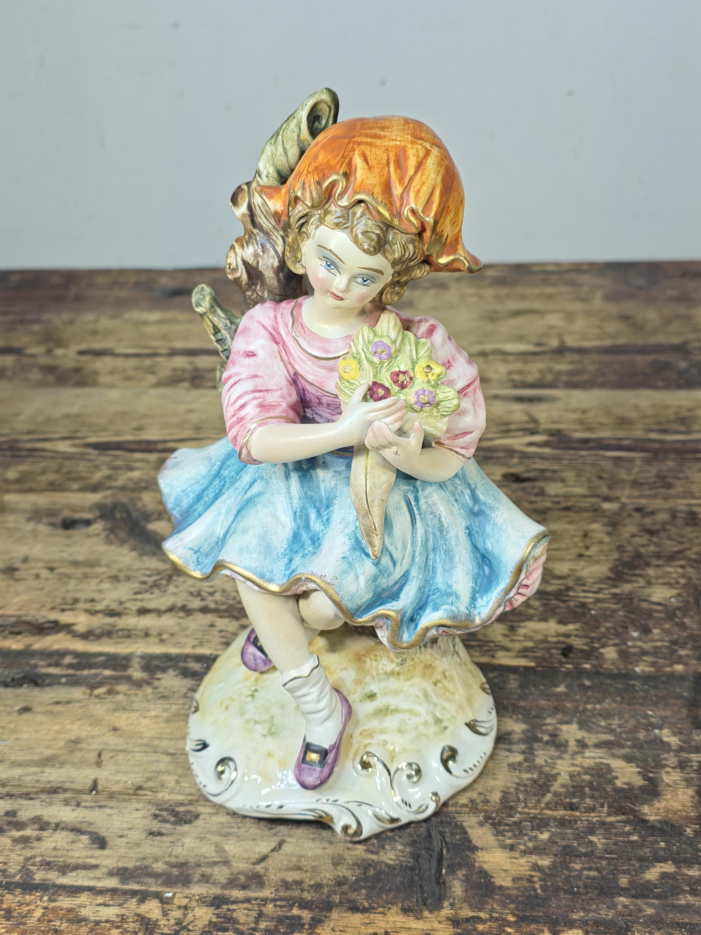 Vintage Italian Porcelain Girl Figurine — Capodimonte Style, Crown N Mark 10.5"T