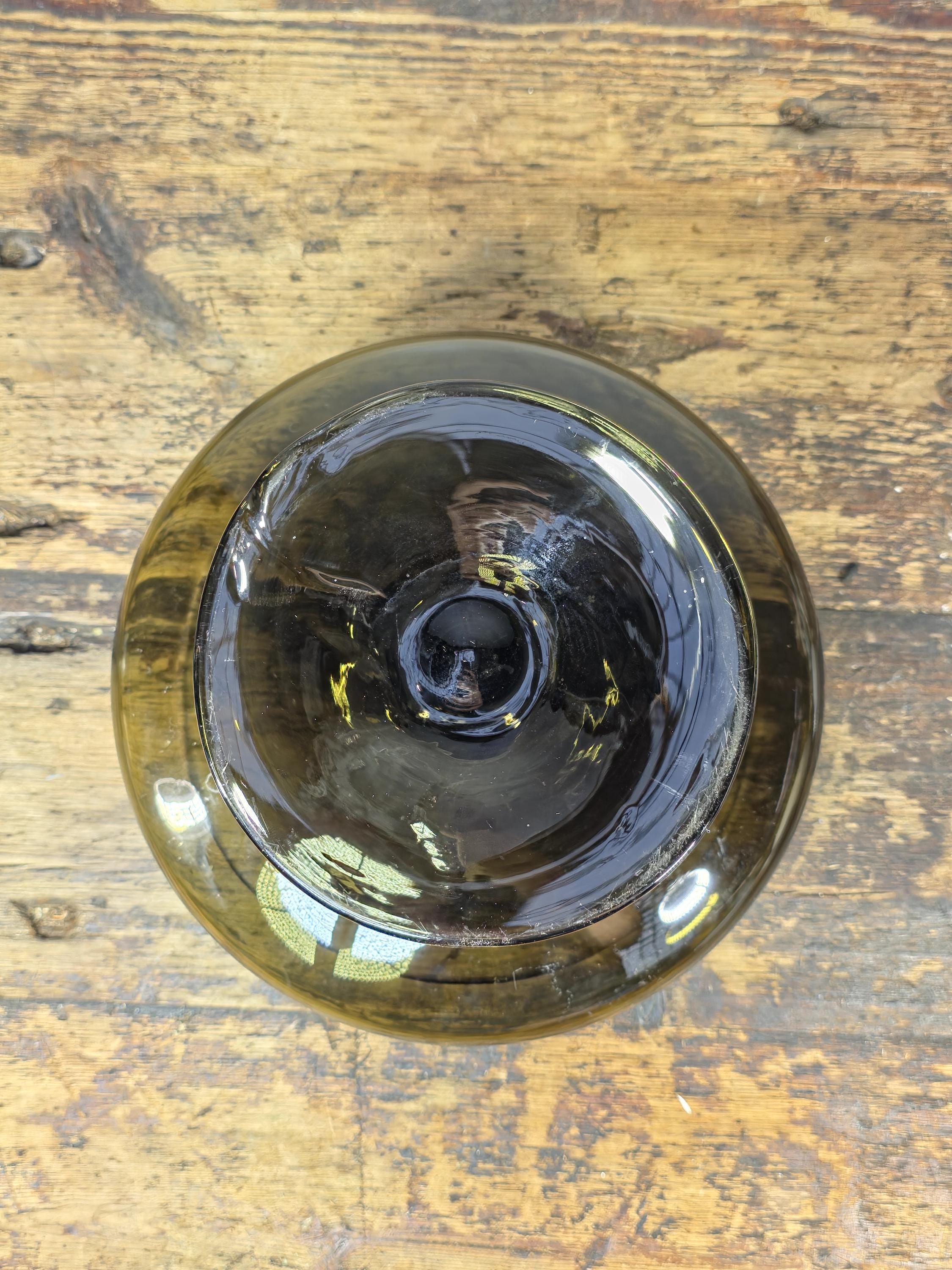 Vintage Olive Green Art Glass Compote Bowl Hand Blown Mid-Century Pedestal Dish