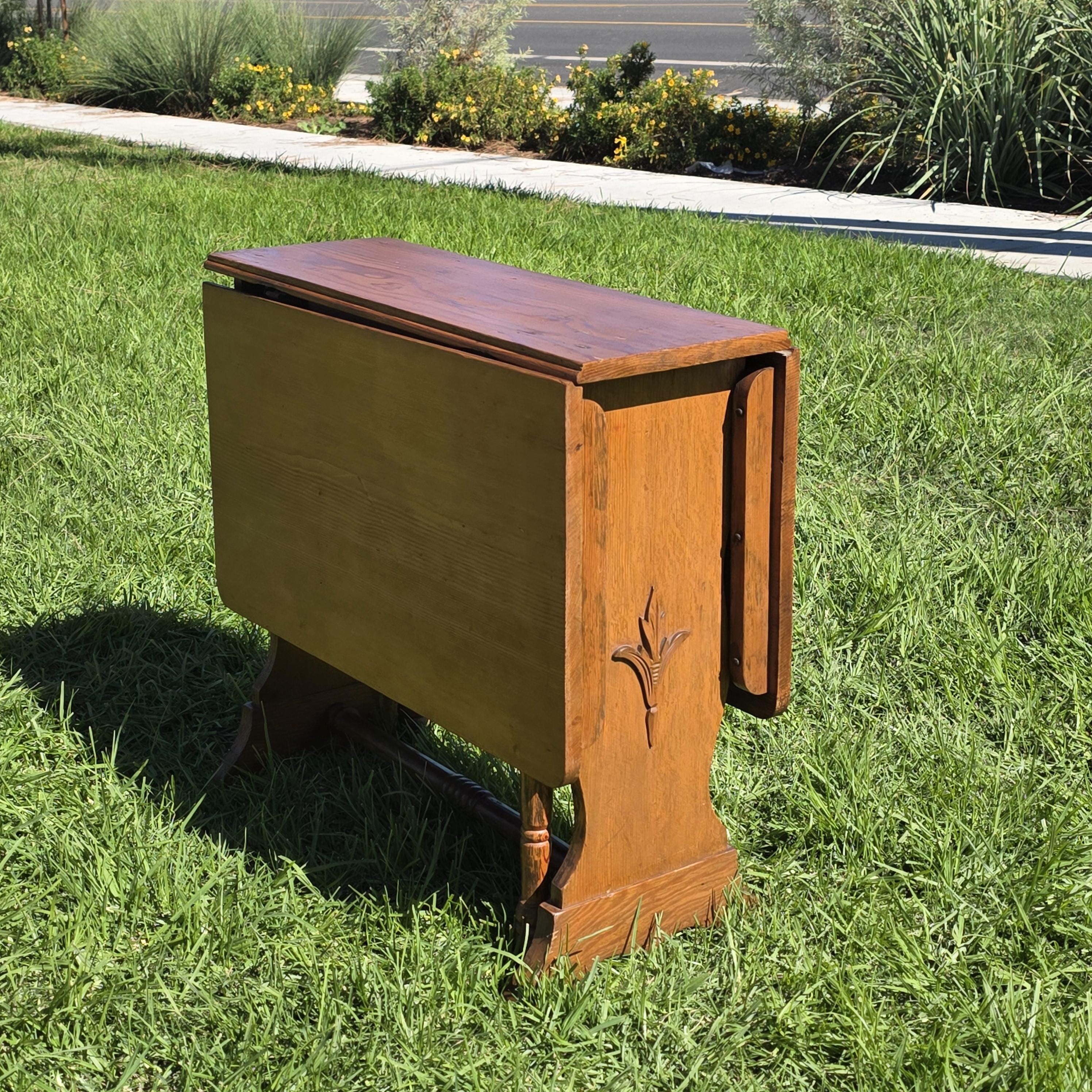 Local Pickup Only Arts & Crafts / Mission Style Drop Leaf Table Solid Pine and Oak Hand Carved c1930