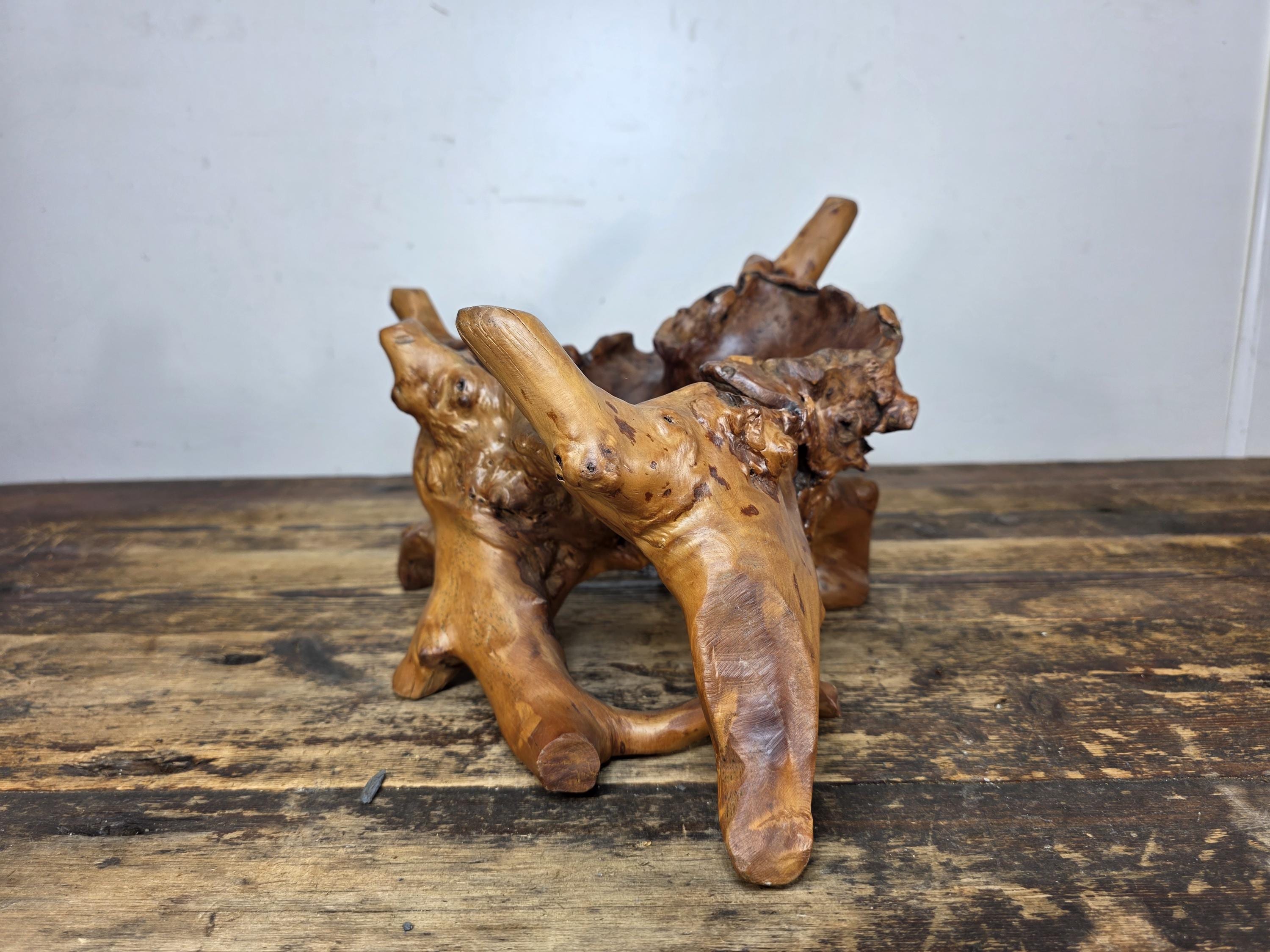 Vintage Hand-Carved Burl Wood Root Bowl / Sculpture — Natural Freeform 17" x 11"