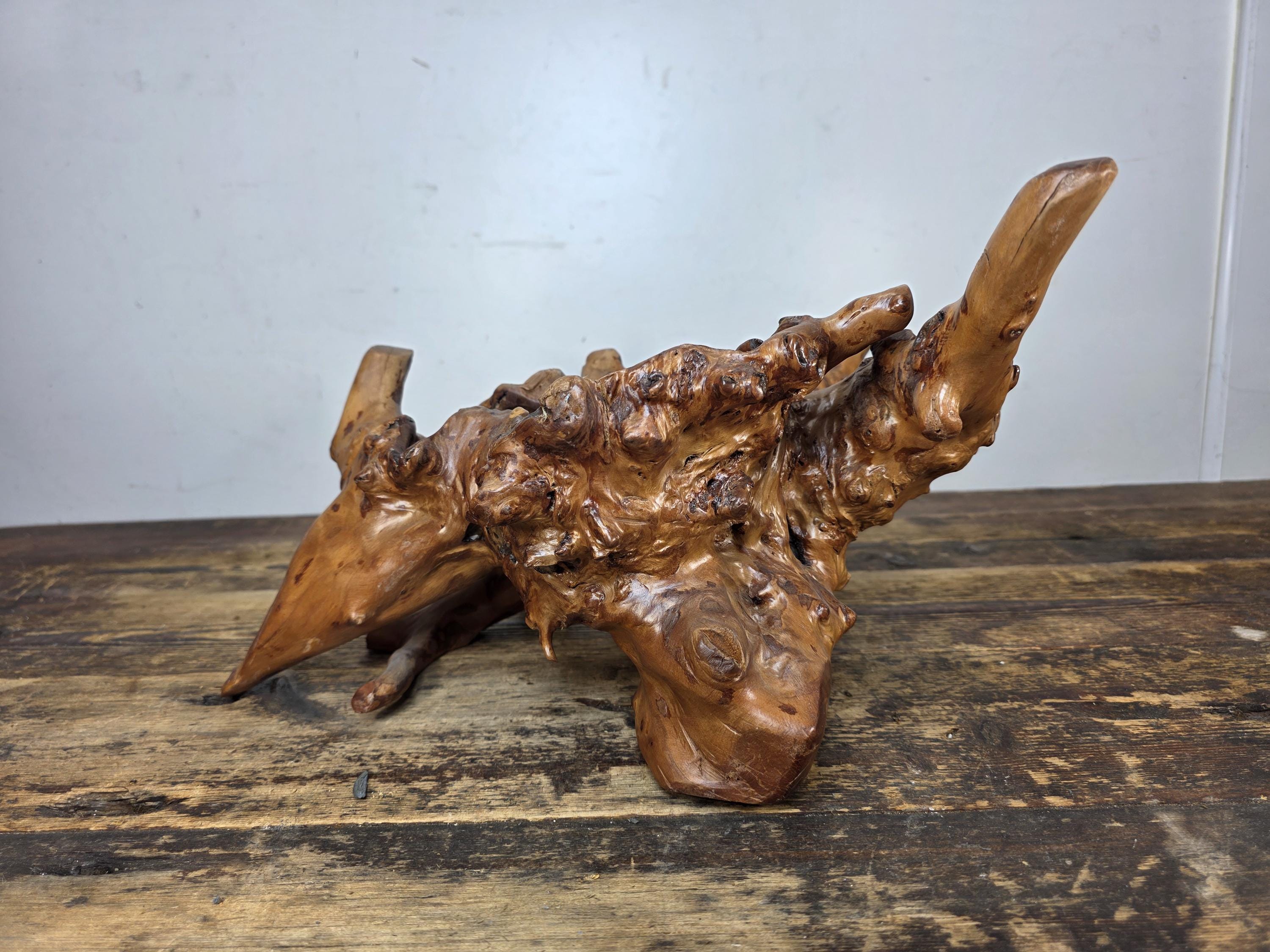 Vintage Hand-Carved Burl Wood Root Bowl / Sculpture — Natural Freeform 17" x 11"