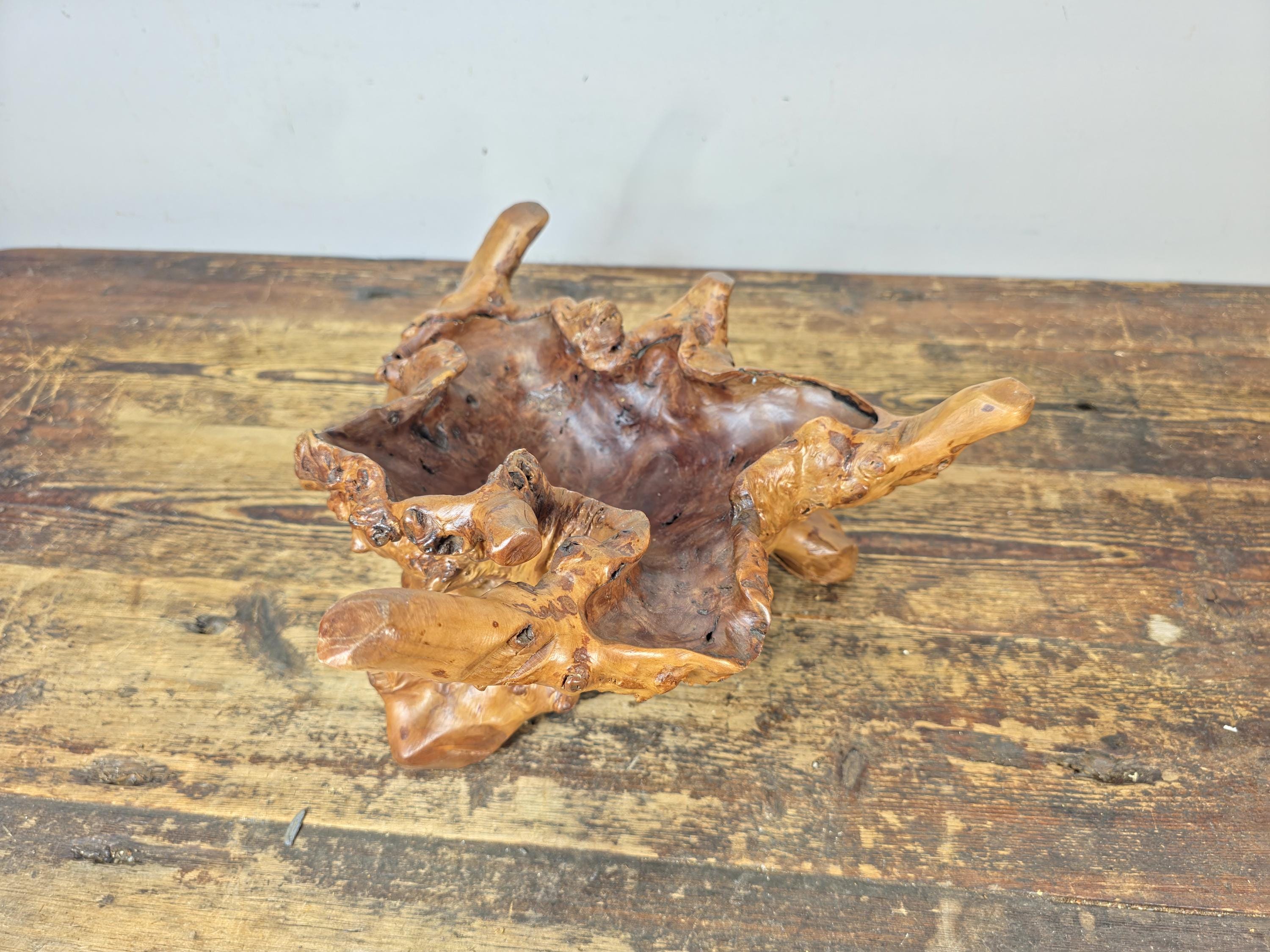Vintage Hand-Carved Burl Wood Root Bowl / Sculpture — Natural Freeform 17" x 11"