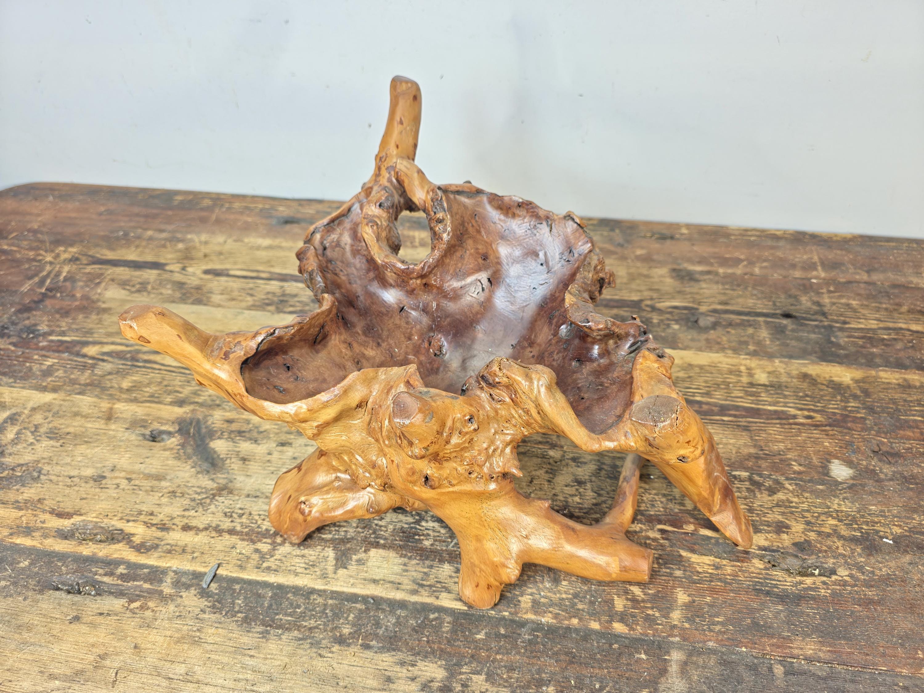 Vintage Hand-Carved Burl Wood Root Bowl / Sculpture — Natural Freeform 17" x 11"