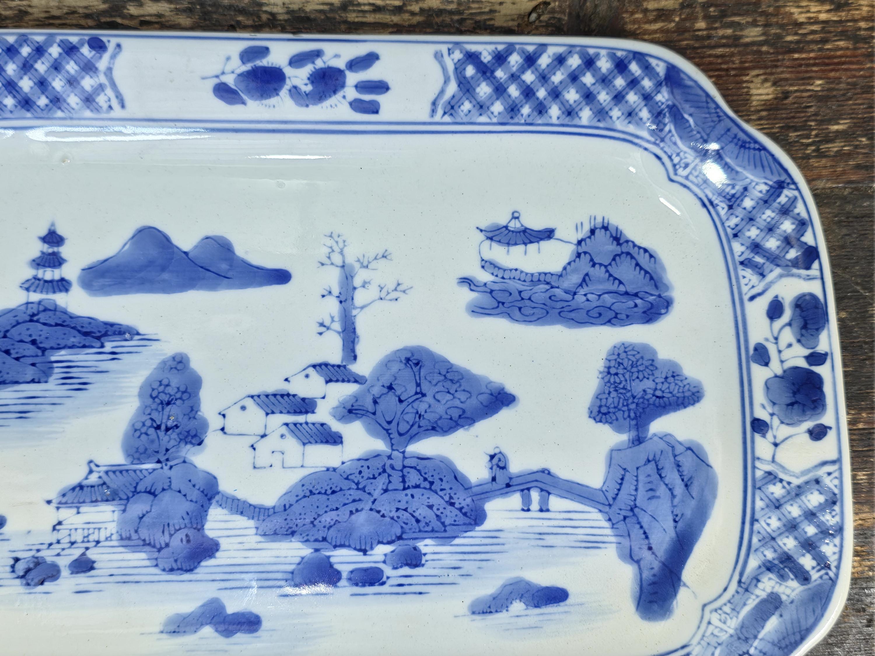 Blue & White Decorative Platter — Oriental Landscape Design — 11" x 7.5"