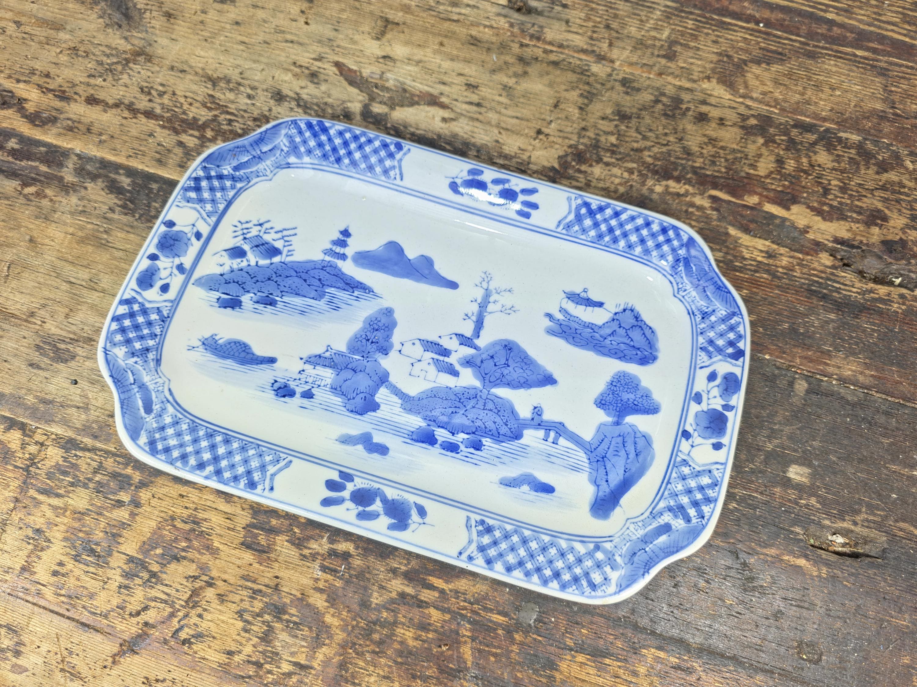 Blue & White Decorative Platter — Oriental Landscape Design — 11" x 7.5"