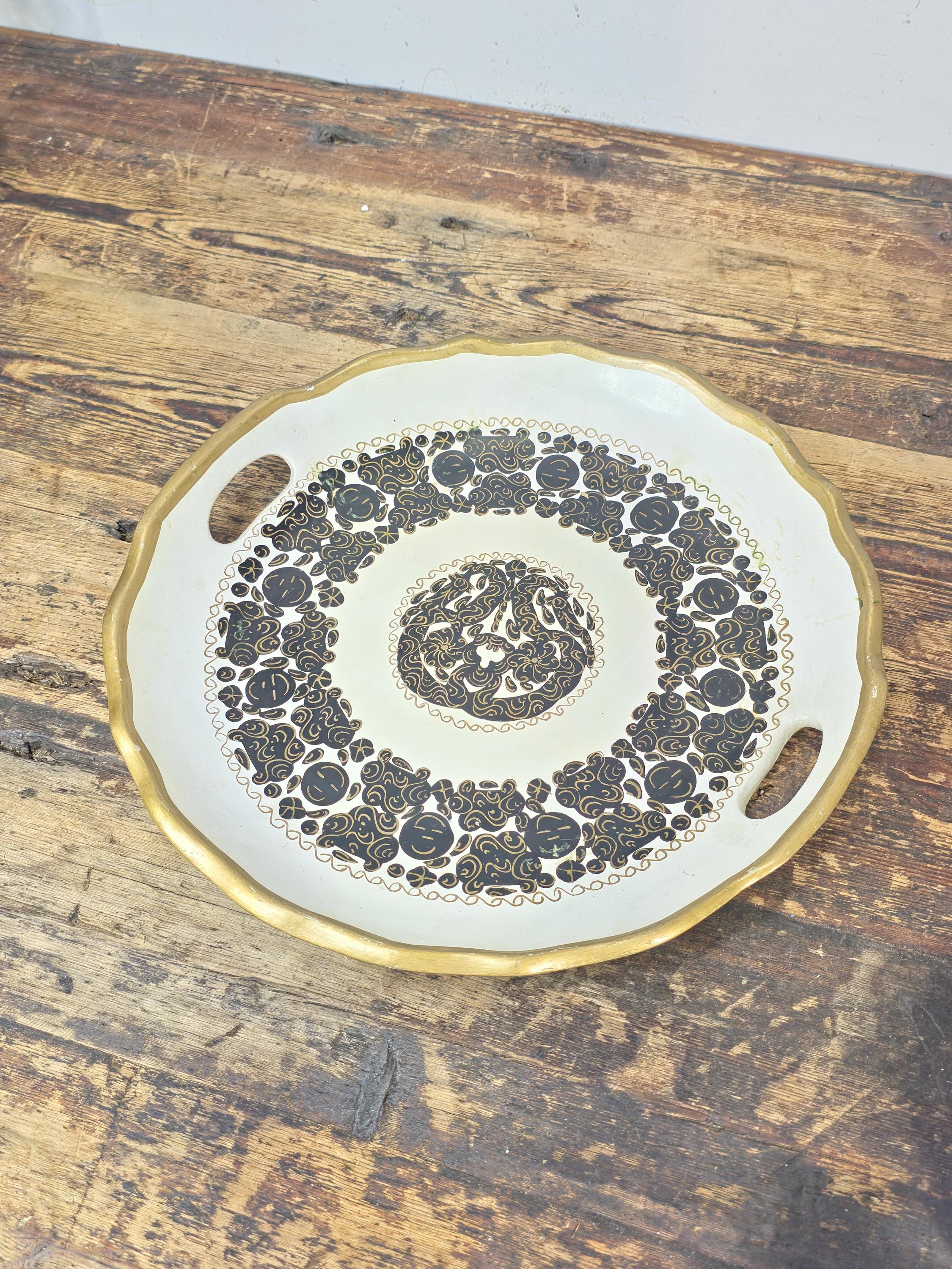 Vintage Florentine-Style Black & Gold Decorative Tray, Lightweight Composite 14"