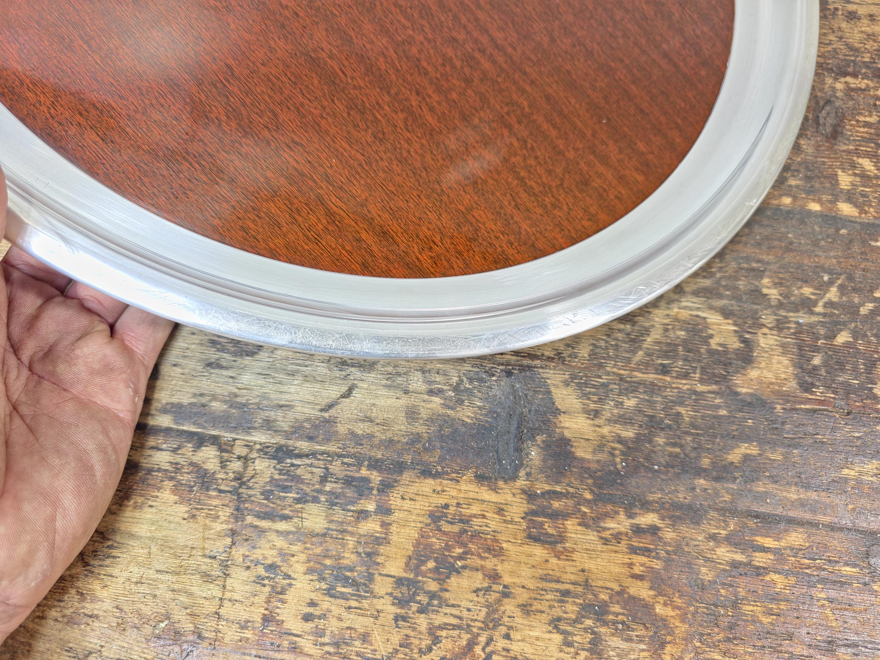 Vintage Formica Woodgrain Tray w/ Silver-Plated Aluminum Rim 16.5" — Mid Century