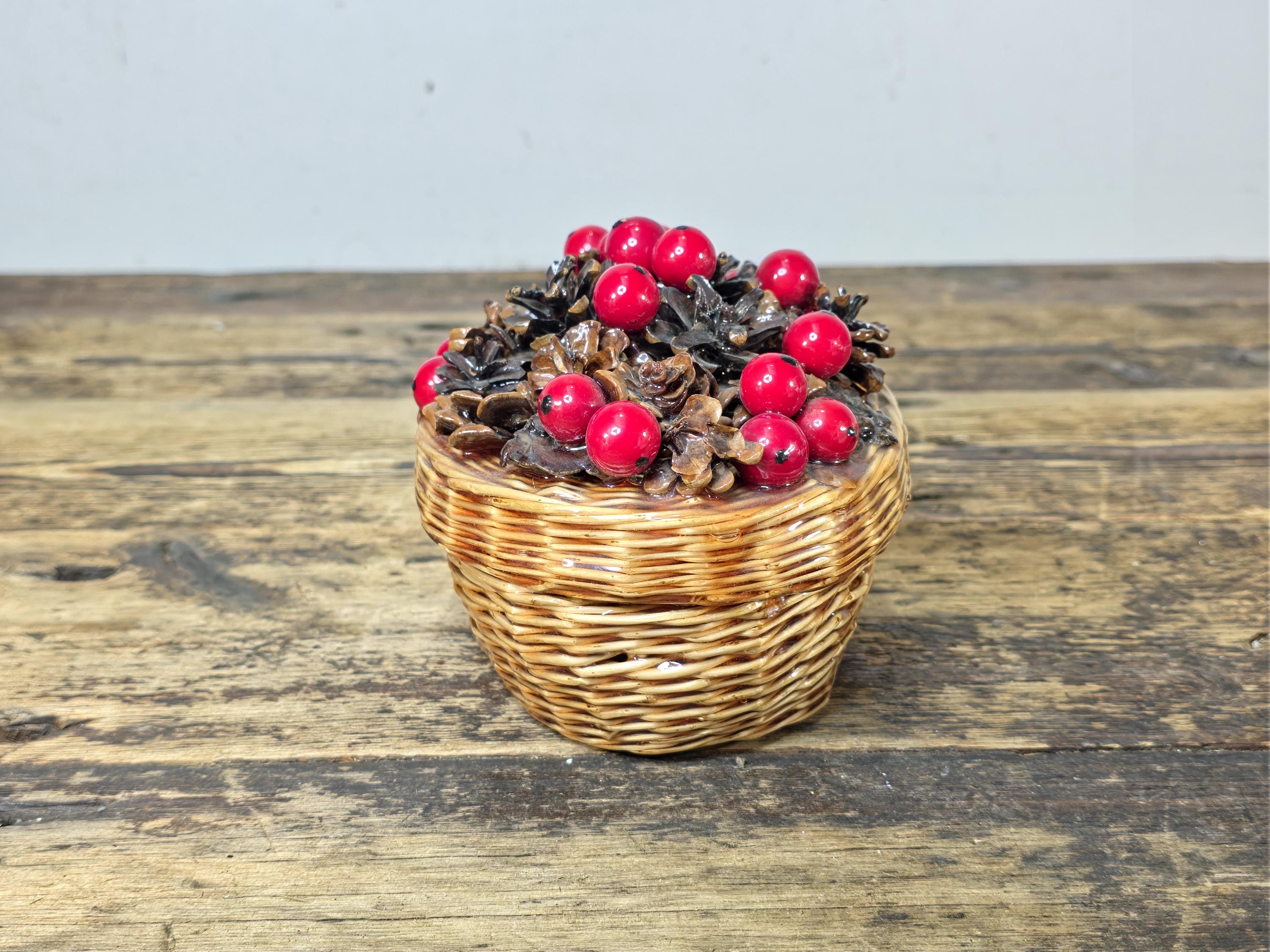 Vintage Resin Coated Wicker Basket with Pinecones and Red Berries Lid