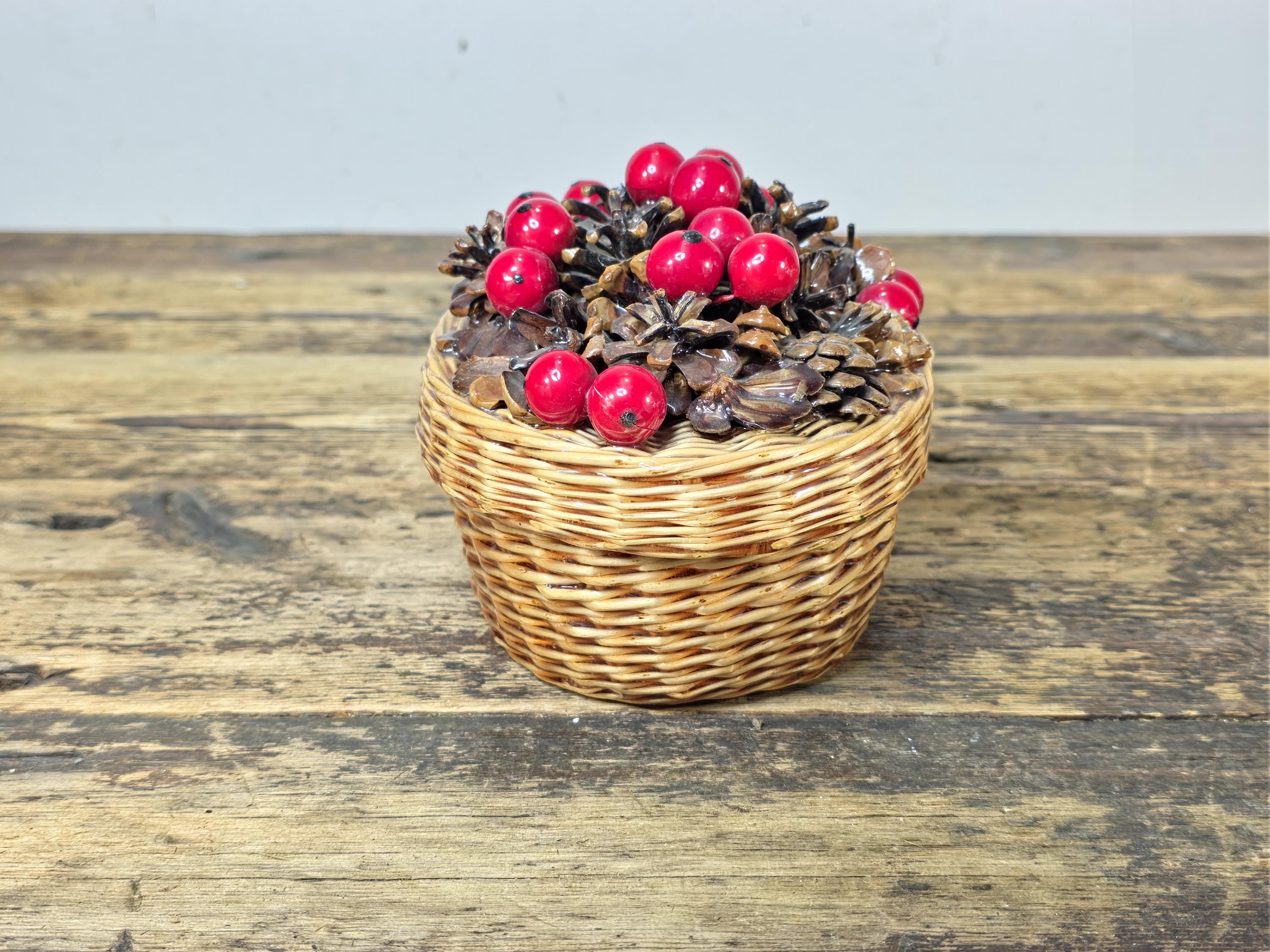 Vintage Resin Coated Wicker Basket with Pinecones and Red Berries Lid