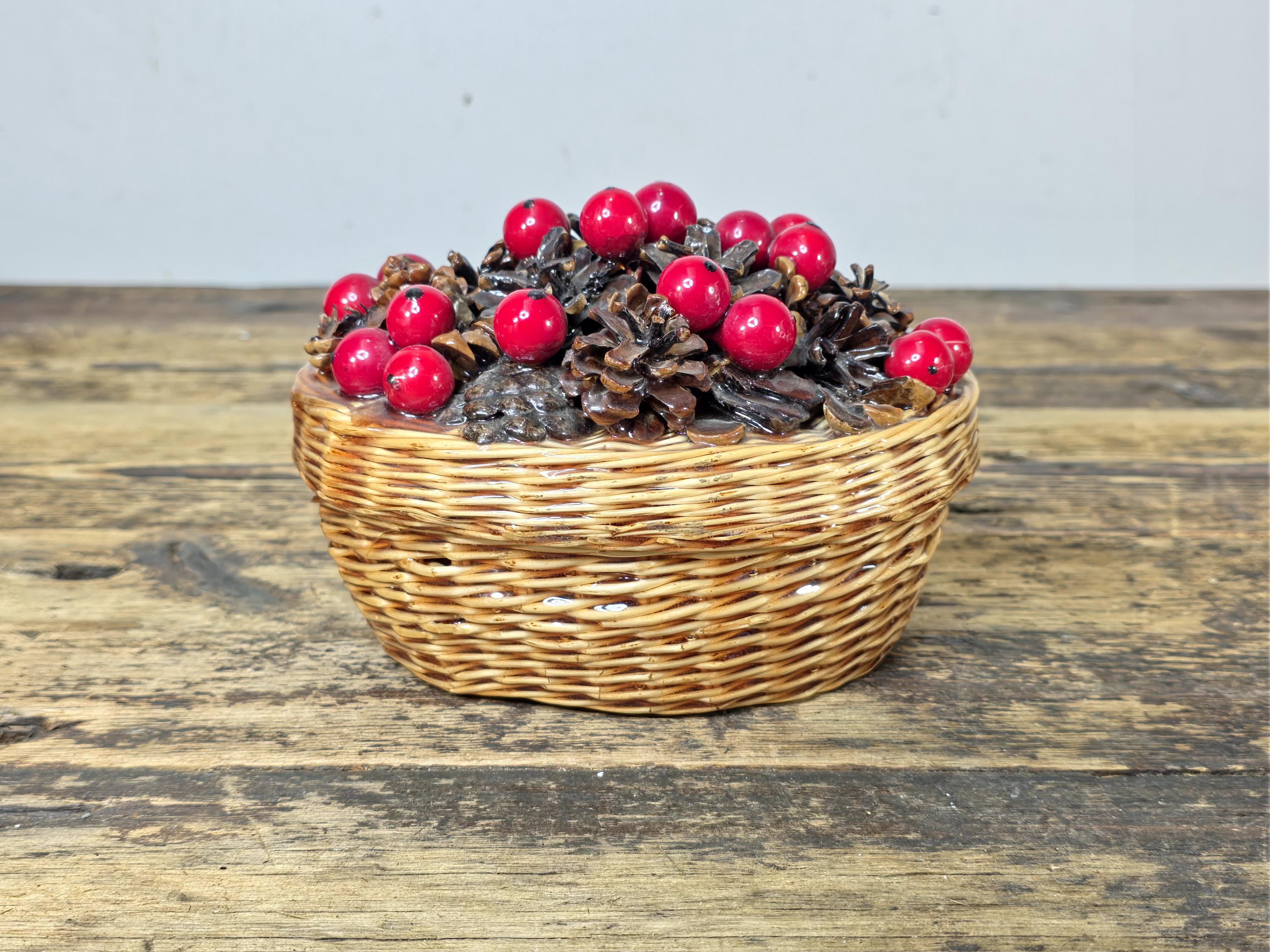 Vintage Resin Coated Wicker Basket with Pinecones and Red Berries Lid
